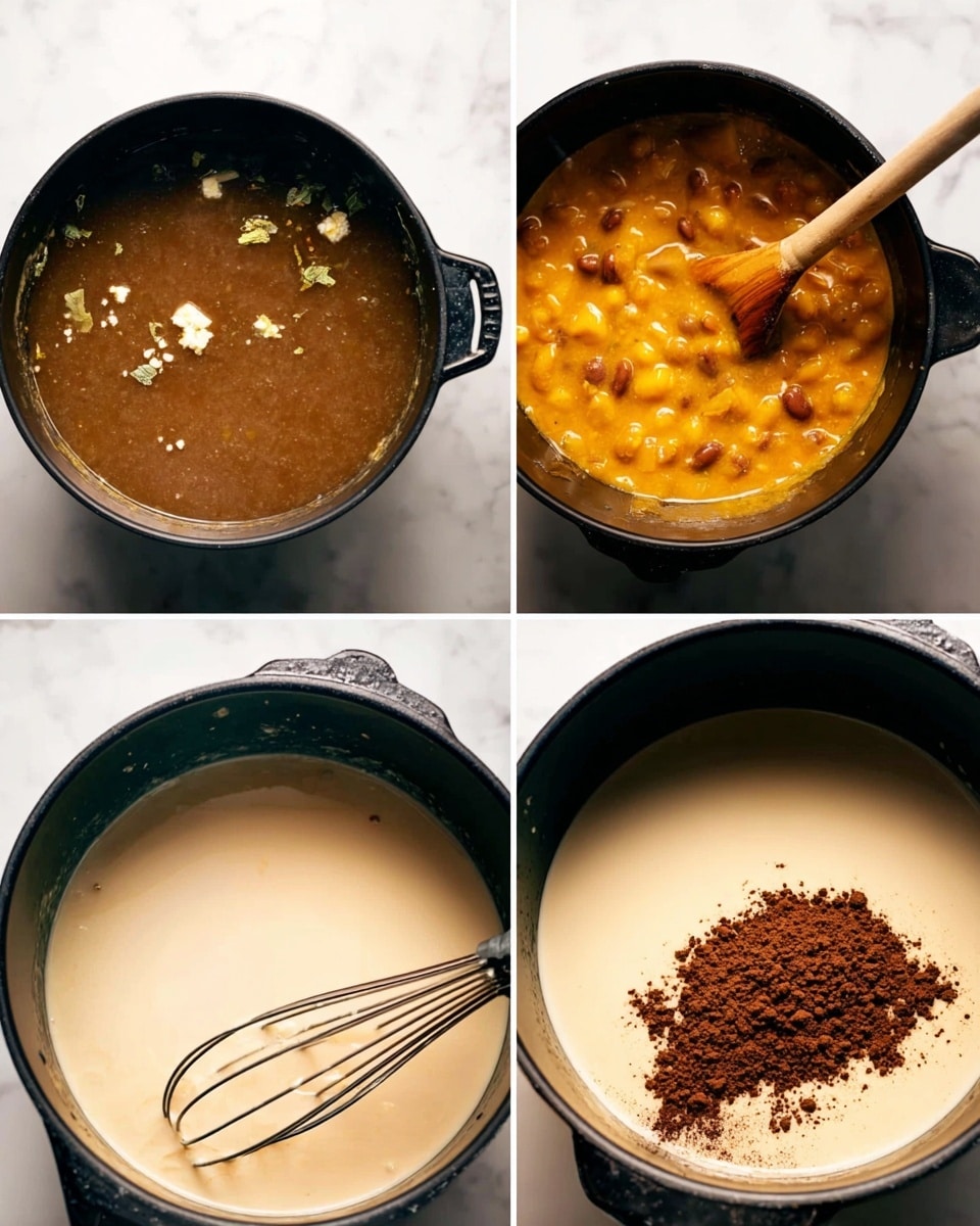 The image shows four close-up shots of cooking steps inside black pots. The top left pot has a layer of brown broth with some green herbs and small white chunks floating. The top right pot shows a thick orange stew with chunks of vegetables and beans, and a wooden spoon stirring on the right side. The bottom left pot displays a smooth pale beige sauce being whisked with a black metal whisk. The bottom right pot contains the same pale sauce but with a mound of dark brown crumbled powder sprinkled in the center. The pots are set on a white marbled surface. Photo taken with an iphone --ar 4:5 --v 7