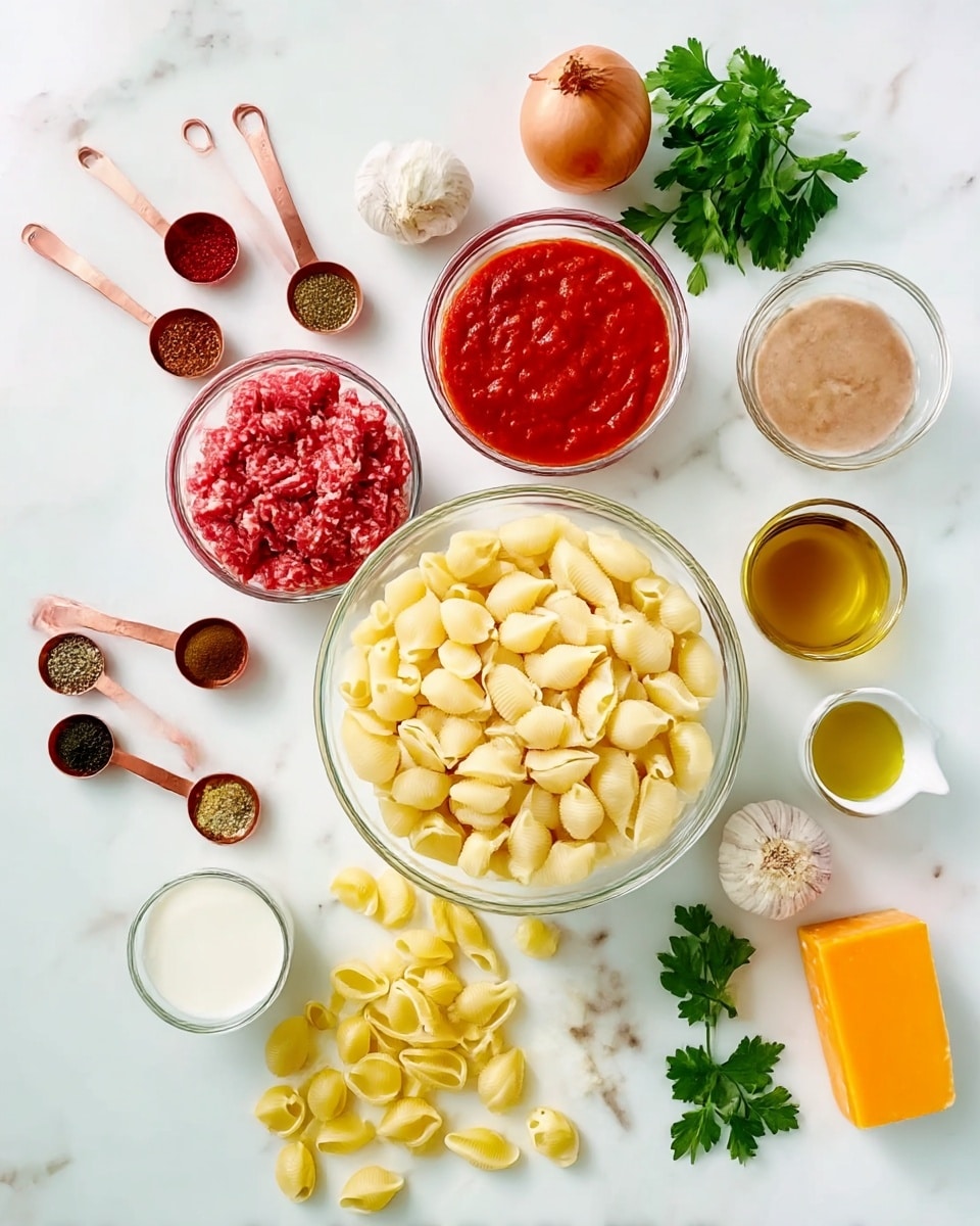 A collection of cooking ingredients arranged neatly on a white marbled surface, featuring a large clear glass bowl filled with pale yellow shell pasta in the center, surrounded by smaller bowls containing raw ground meat with a deep red and white marbled texture, bright red tomato sauce, a brownish liquid, and a white creamy liquid. There are copper measuring spoons filled with various spices in dark green, black, and red, scattered yellow shell pasta pieces, green parsley leaves, a small pile of chopped light yellow garlic, half an orange-brown onion, a whole garlic bulb, a small white cup with olive oil, and a block of orange cheese. photo taken with an iphone --ar 4:5 --v 7