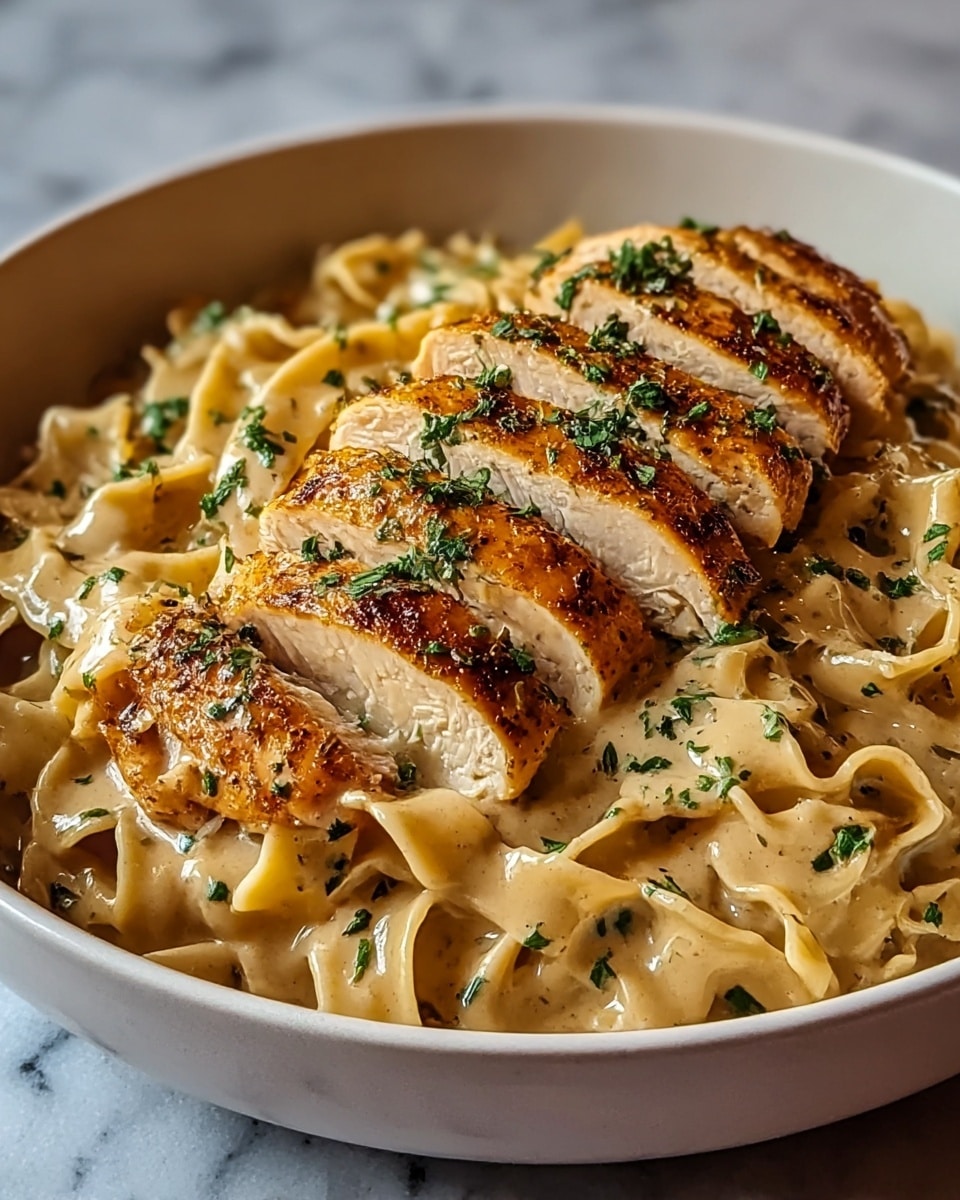 The dish shows a white bowl filled with wide, creamy beige noodles mixed with small green herb pieces. On top, there are several slices of golden brown cooked chicken arranged side by side, with a slightly crispy look and sprinkled with more green herbs. The bowl sits on a white marbled surface, and the picture is warm and close up, focusing on the smooth texture of the sauce and the chicken's browned skin photo taken with an iphone --ar 4:5 --v 7