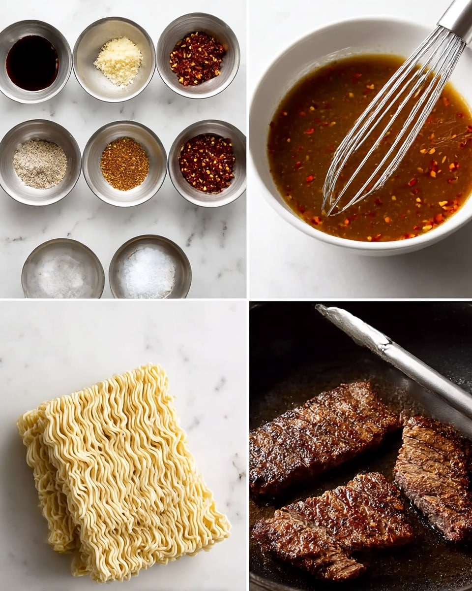 The image shows four smaller pictures arranged in a 2x2 grid on a white marbled surface. The top left image displays several small white and silver bowls filled with different dark and light sauces, minced garlic, chili flakes, and cornstarch arranged neatly. The top right image shows a white bowl with a brown liquid sauce speckled with red chili flakes being whisked with a shiny metal whisk. The bottom left image features two blocks of uncooked, pale yellow ramen noodles with a wavy texture lying flat side by side. The bottom right image shows cooked slices of brown grilled meat with some crispy edges resting on a hot black pan with two metal tongs beside the meat. photo taken with an iphone --ar 4:5 --v 7