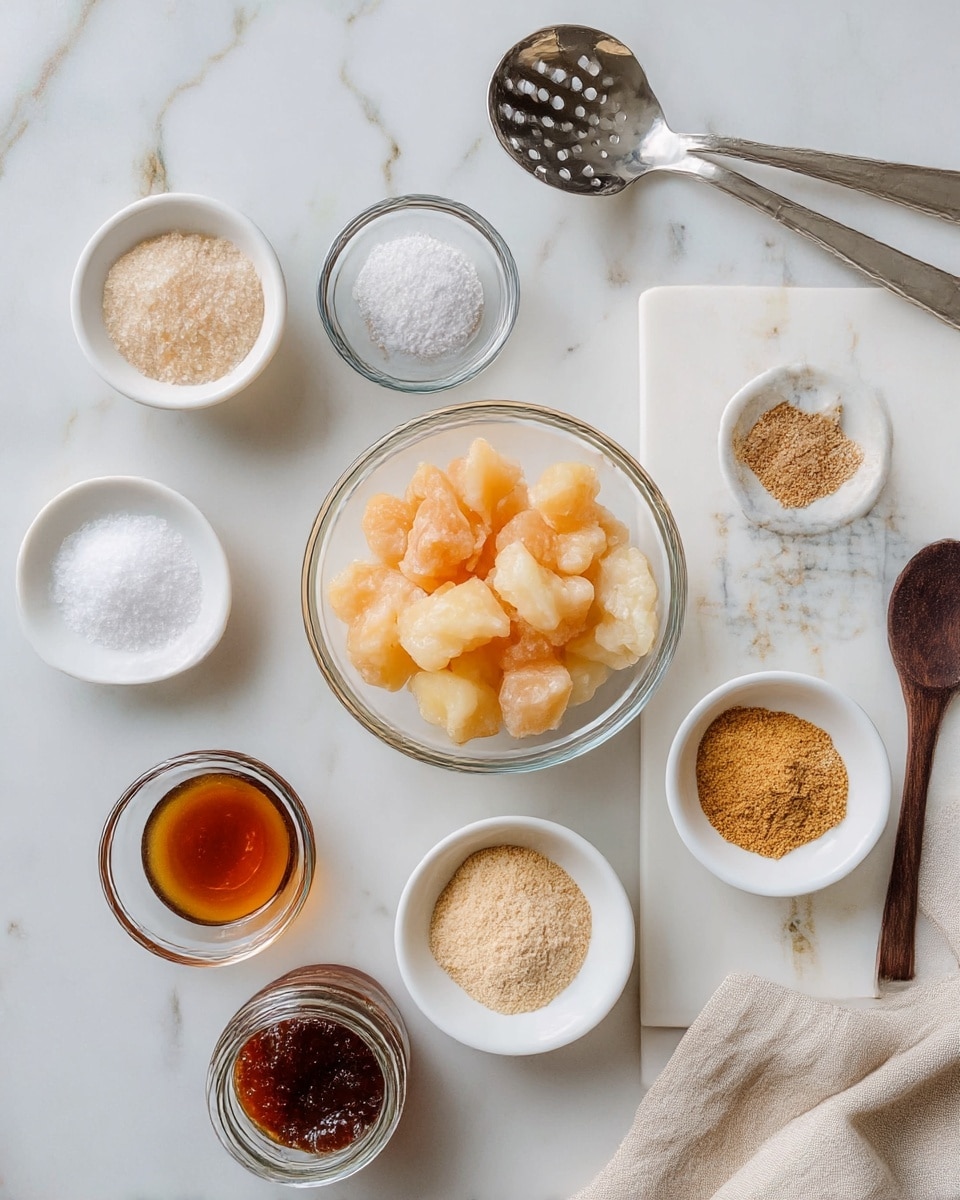The image shows several small bowls placed on a white marbled surface, each holding different ingredients. In the center, there is a clear glass bowl with light orange, roughly chunked pieces. To the right, a white bowl holds light beige, irregularly shaped pieces. Around these bowls, smaller white dishes contain various powders and liquids: coarse white crystals in one bowl, dark brown liquid in another, golden brown powdered spice in a glass bowl, and light tan granulated powder in a small bowl. A clear glass jar near the bottom holds a thick, dark amber paste. A white marble board on the right side holds a dark wooden spoon, resting on a light beige cloth, and a silver slotted spoon is placed near the top. Photo taken with an iphone --ar 4:5 --v 7