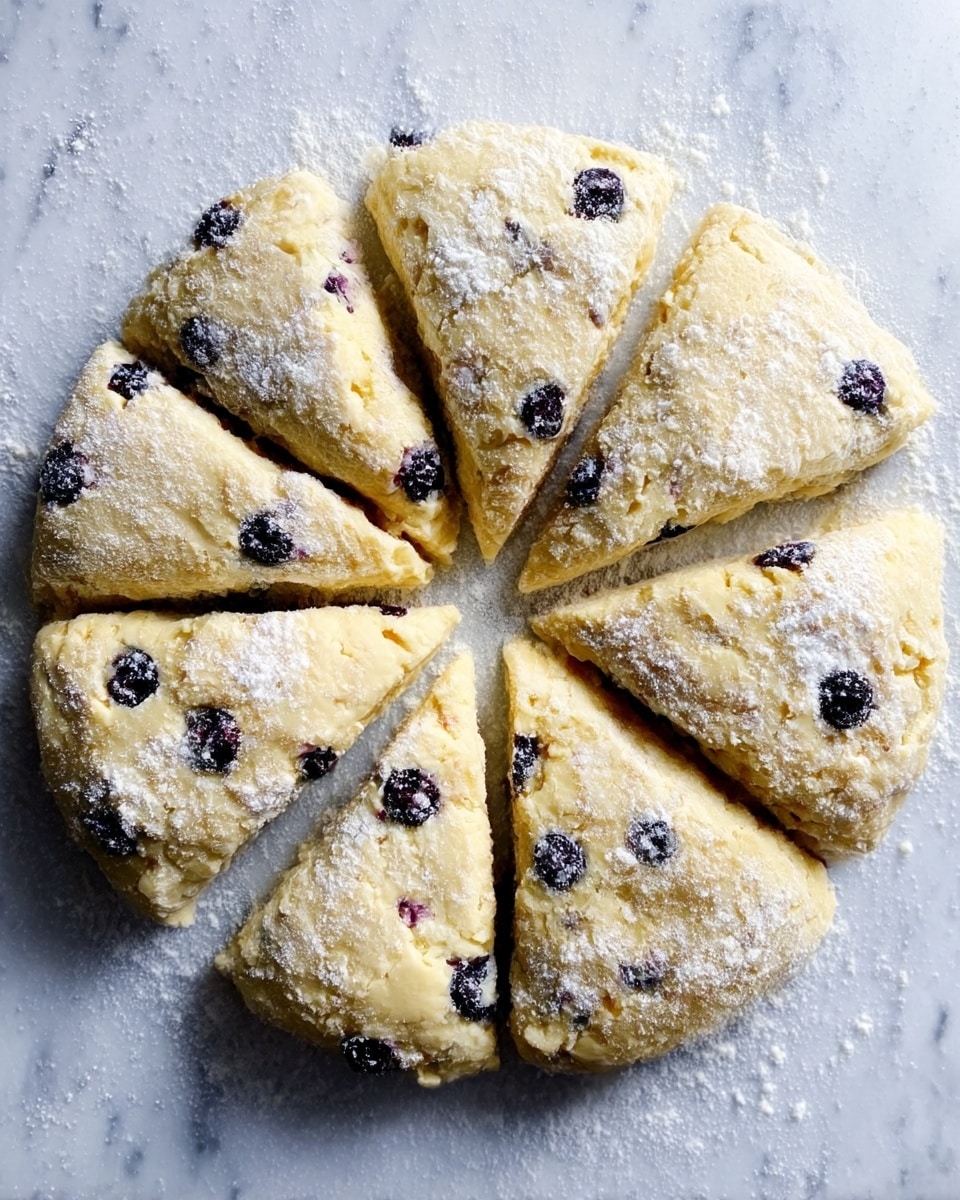 The image shows a round dough divided into eight triangular pieces, each with visible dark blueberries embedded inside. The dough is pale yellow with a soft, slightly rough texture and is dusted lightly with white flour. The dough sits directly on a white marbled surface, which is also scattered with loose flour around the dough's edges. Photo taken with an iphone --ar 4:5 --v 7