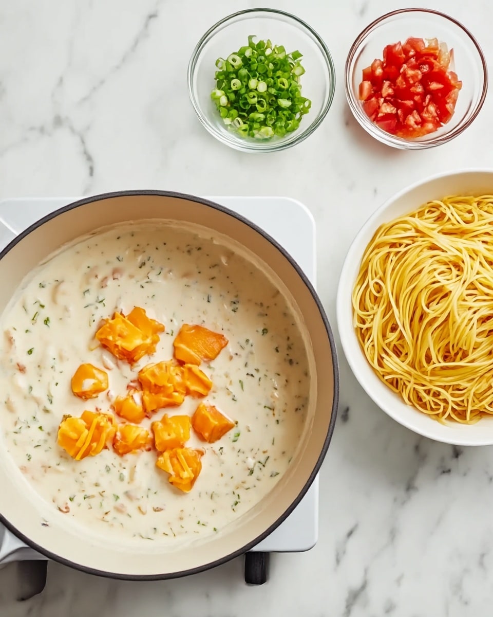 A white stovetop pot is filled halfway with a creamy white sauce mixed with specks of herbs, topped with several chunky bright orange cheese pieces. To the right, a white bowl holds light yellow cooked spaghetti coils. Above the pot, two small clear bowls sit on a white marbled surface; one contains finely chopped green onions and the other has small chopped red tomatoes. Photo taken with an iphone --ar 4:5 --v 7