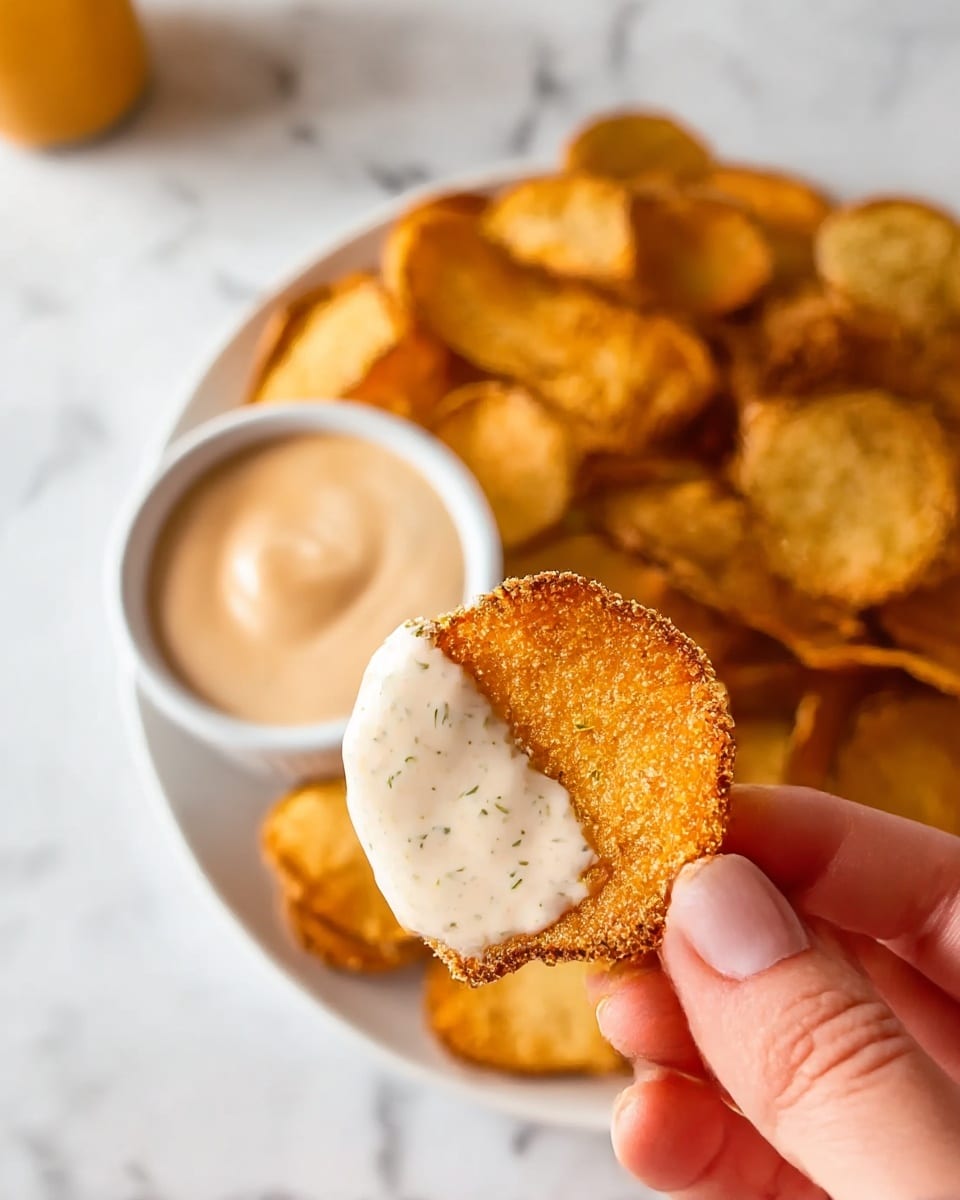 A close-up of a woman's hand holding a round, crispy, brown chip partially dipped in a creamy white sauce with visible herbs. In the background, there is a white plate filled with many similar crispy chips and a small white bowl of orange dipping sauce. The scene is set on a white marbled surface, giving a clean and bright look. The chips are golden brown with a crunchy texture and varied shades of brown. photo taken with an iphone --ar 4:5 --v 7