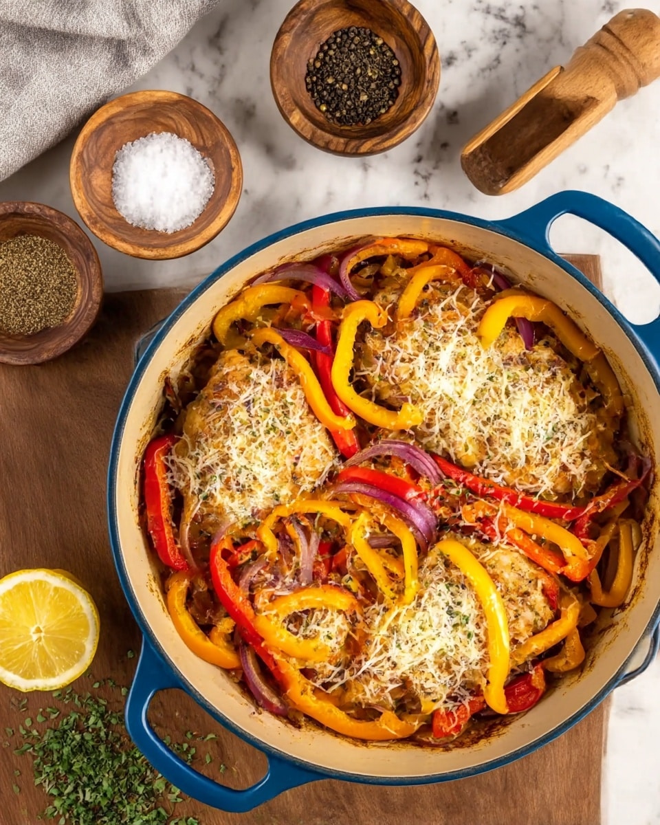 The image shows a blue pan filled with four cooked chicken pieces at the bottom, each topped with a layer of grated cheese. Around and on top of the chicken are thin slices of red, yellow, and orange bell peppers mixed with slivers of red onions, creating a colorful mix. The surface is a wooden table with a lemon slice and green herbs visible at the bottom left. Nearby are small wooden bowls containing coarse salt with a small wooden scoop and mixed black and green peppercorns with a wooden pestle. The background uses a white marbled texture. photo taken with an iphone --ar 4:5 --v 7