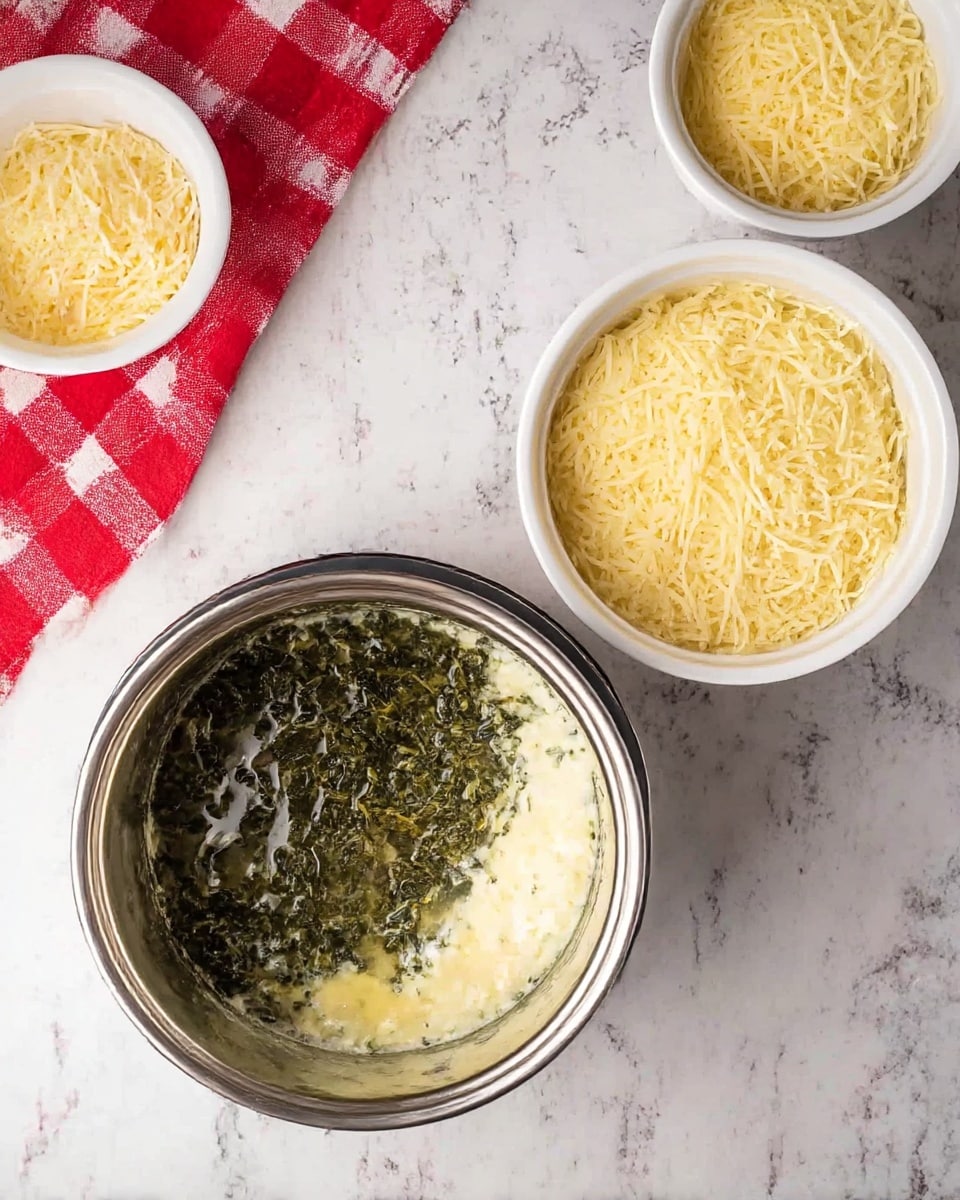 The image on the left shows a metal pot with three visible layers inside: a creamy white cheese mixture covering half the bottom, a dark green leafy mixture sitting on the right side of the cheese, and a shiny layer of melted butter covering parts of the pot surface, placed on a white marbled texture with a red and white checkered cloth next to it. Above the pot, two white bowls hold shredded cheese in pale yellow shades. The image on the right shows the same metal pot filled only with a thick layer of the shredded pale yellow cheese filling the pot evenly. The two white bowls above the pot in this image are empty, and the setting remains on the white marbled texture with the red and white checkered cloth visible on the bottom left corner. Photo taken with an iphone --ar 4:5 --v 7