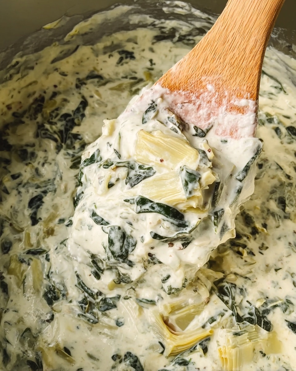 A close-up view of a creamy spinach and artichoke dip with a thick texture, showing green spinach leaves and pale yellow artichoke pieces mixed in a white creamy sauce. A wooden spoon is partially lifted from the dip, covered in the creamy mixture, with some spinach visible on it. The background is a white marbled texture. photo taken with an iphone --ar 4:5 --v 7