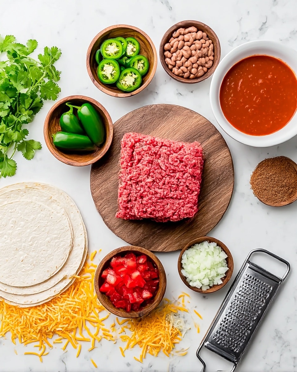 The image shows various ingredients for tacos arranged on a white marbled surface. In the center on a round wooden plate is a block of raw ground beef, deep pink with textured lines. Around it are small wooden bowls holding different items: bright green sliced jalapeños, light brown refried beans, vivid red diced tomatoes, finely chopped white onions, and a light brown taco seasoning powder. To the right is a white bowl filled with smooth, shiny red salsa. Fresh green cilantro sprigs are placed beside the bowls. On the left, a small stack of white tortillas lies flat, and just below them is a pile of shredded yellow and white cheese spilling off a metal grater with a black handle. The scene is bright and clean, with a clear layout of all ingredients ready for making tacos, photo taken with an iphone --ar 4:5 --v 7