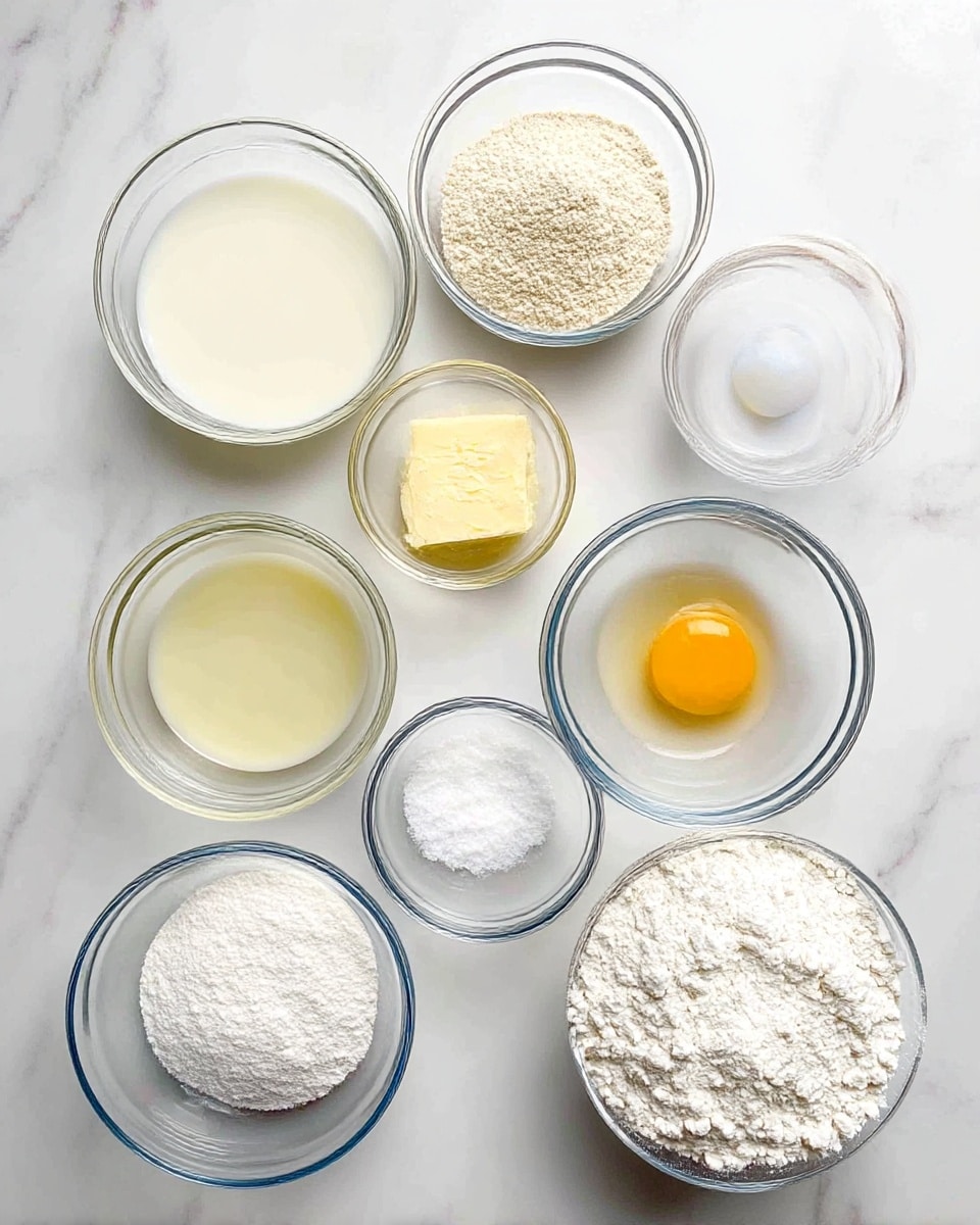 A white marbled surface holds seven small clear glass bowls filled with ingredients. On the bottom right, a bowl full of white flour is placed. To the left, a bowl of light cream liquid sits next to a smaller bowl of pale yellow melted butter. Near the center, a bowl contains white powdery sugar. Above it, a bowl with beige dry yeast is seen. On the right side, a bowl contains a cracked raw egg with a bright yellow yolk sitting in clear egg white. Next to it is a small bowl of white salt. All bowls are clear glass and evenly spaced on the white marbled surface. photo taken with an iphone --ar 4:5 --v 7