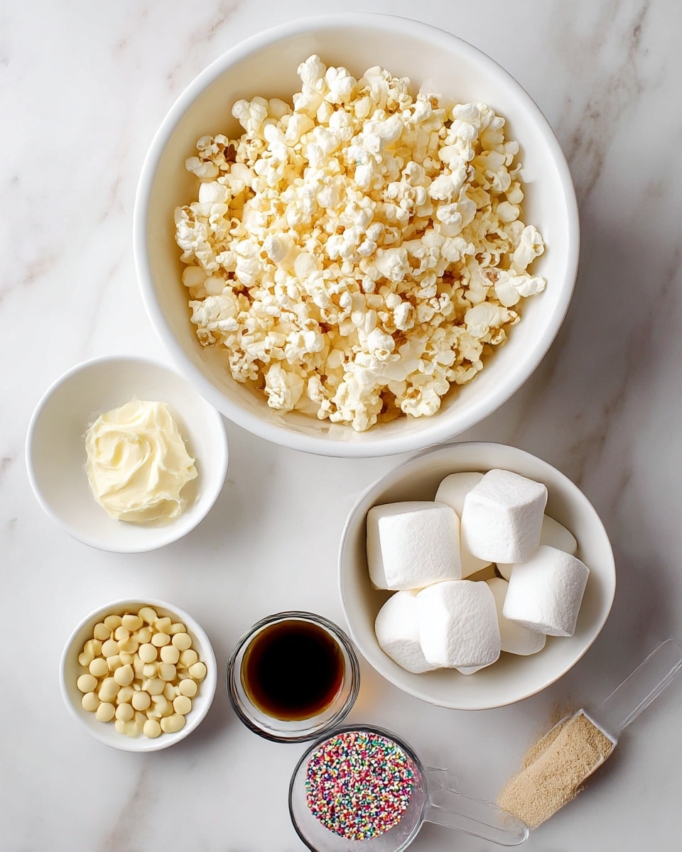 The image shows two large white bowls on a white marbled surface; the top bowl is full of light yellow popcorn with fluffy texture, and the bottom bowl contains big, white marshmallows with a soft, smooth texture. Around the bowls are small white dishes and a clear glass container: one small white dish holds creamy butter with a soft, spreadable look, another small white dish is full of round, pale yellow chocolate chips, the smallest white dish contains colorful round sprinkles, and the clear glass container has a small amount of dark brown liquid, likely vanilla extract. Near the butter dish, there is a small plastic scoop with a beige powder inside. photo taken with an iphone --ar 4:5 --v 7