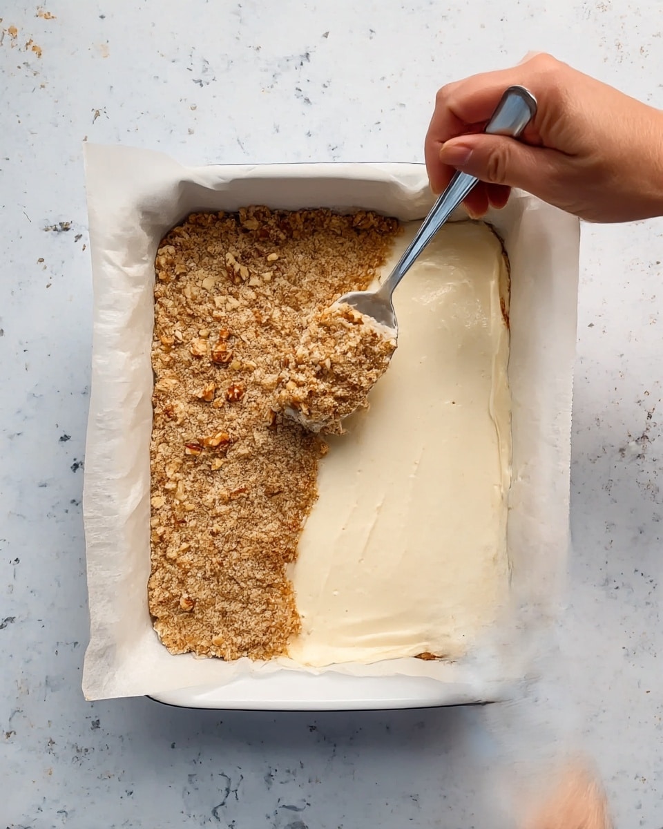 A square white baking dish lined with parchment paper holds a dessert in progress. The bottom layer is a creamy off-white mixture spread evenly across the dish. On top of half the creamy layer, a crumbly, light brown mixture with small nut pieces is being spread with a spoon held by a woman’s hand coming from above. The right part shows the creamy layer, while the left half is covered with the crumb and nut topping. The dish sits on a white marbled surface. photo taken with an iphone --ar 4:5 --v 7