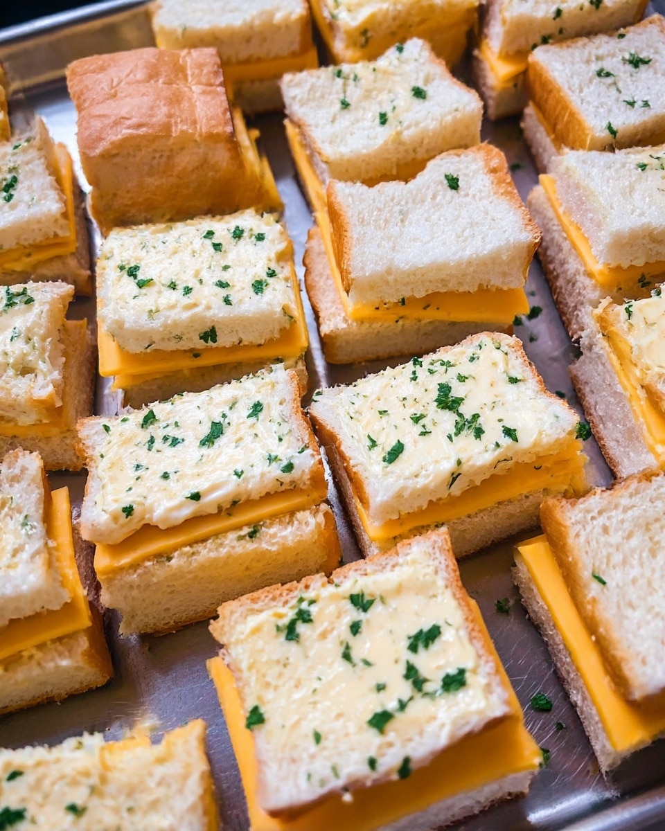 The image shows multiple small sandwiches arranged closely on a metal tray. Each sandwich has three layers: a bottom layer of soft white bread, a middle layer of bright orange cheese slice, and a top layer of white bread spread thickly with a creamy garlic herb butter that has green parsley bits sprinkled on top. The sandwiches are neatly placed in rows, and the metal tray background contrasts with the creamy textures and bright colors of the cheese and butter. Photo taken with an iphone --ar 4:5 --v 7