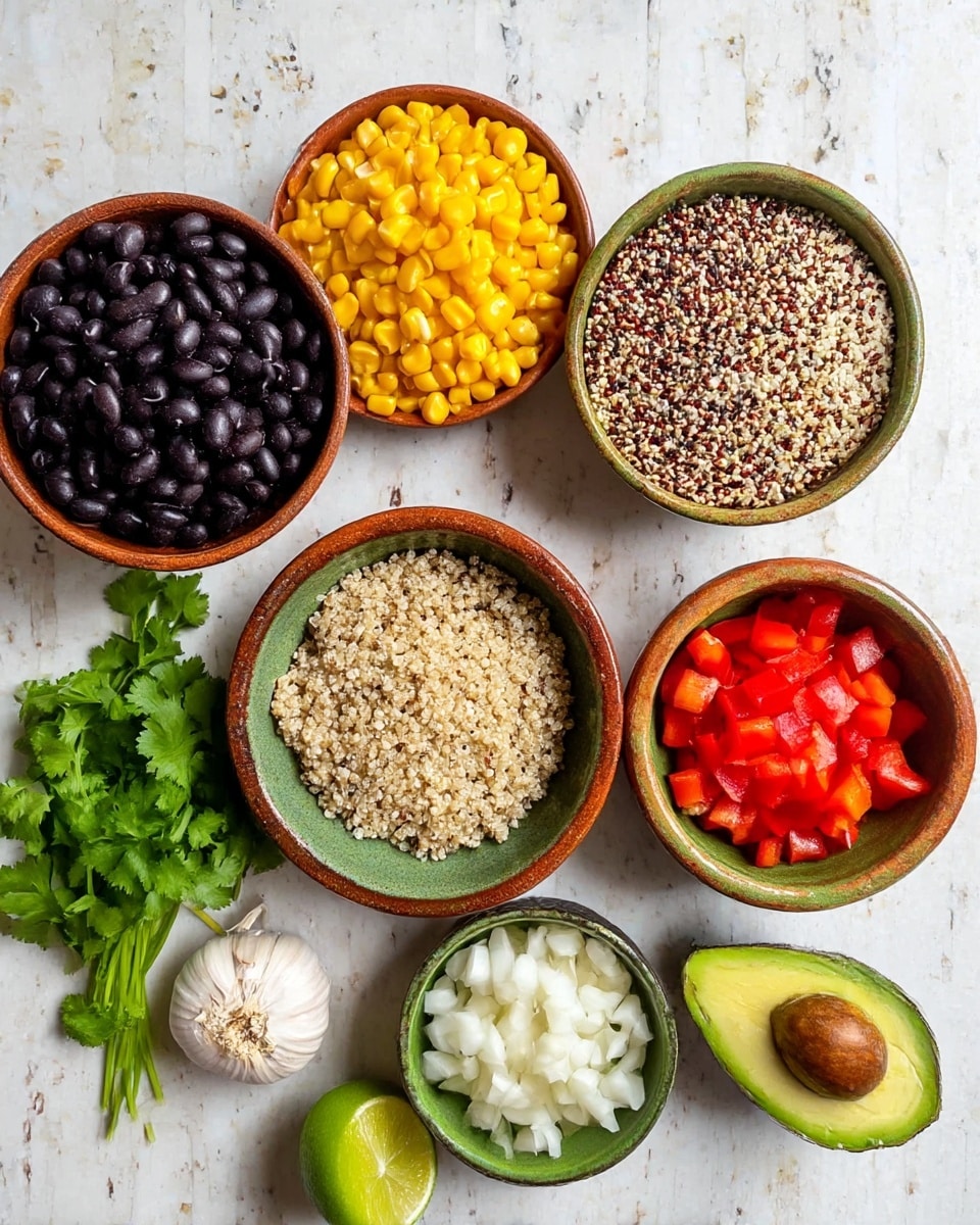 The image shows six bowls arranged on a white marbled surface filled with fresh ingredients: one bowl contains black beans with a dark, shiny texture; another contains bright yellow corn kernels; a third bowl has a mix of white, red, and black quinoa grains; there is a bowl with chopped white onions and red bell peppers mixed together; and the last bowl holds diced red tomatoes with a juicy texture. Around the bowls are fresh cilantro, two garlic cloves, half a lime, and a halved avocado showing its green flesh and brown seed. The bowls are mostly rustic brown and green clay dishes. Photo taken with an iphone --ar 4:5 --v 7