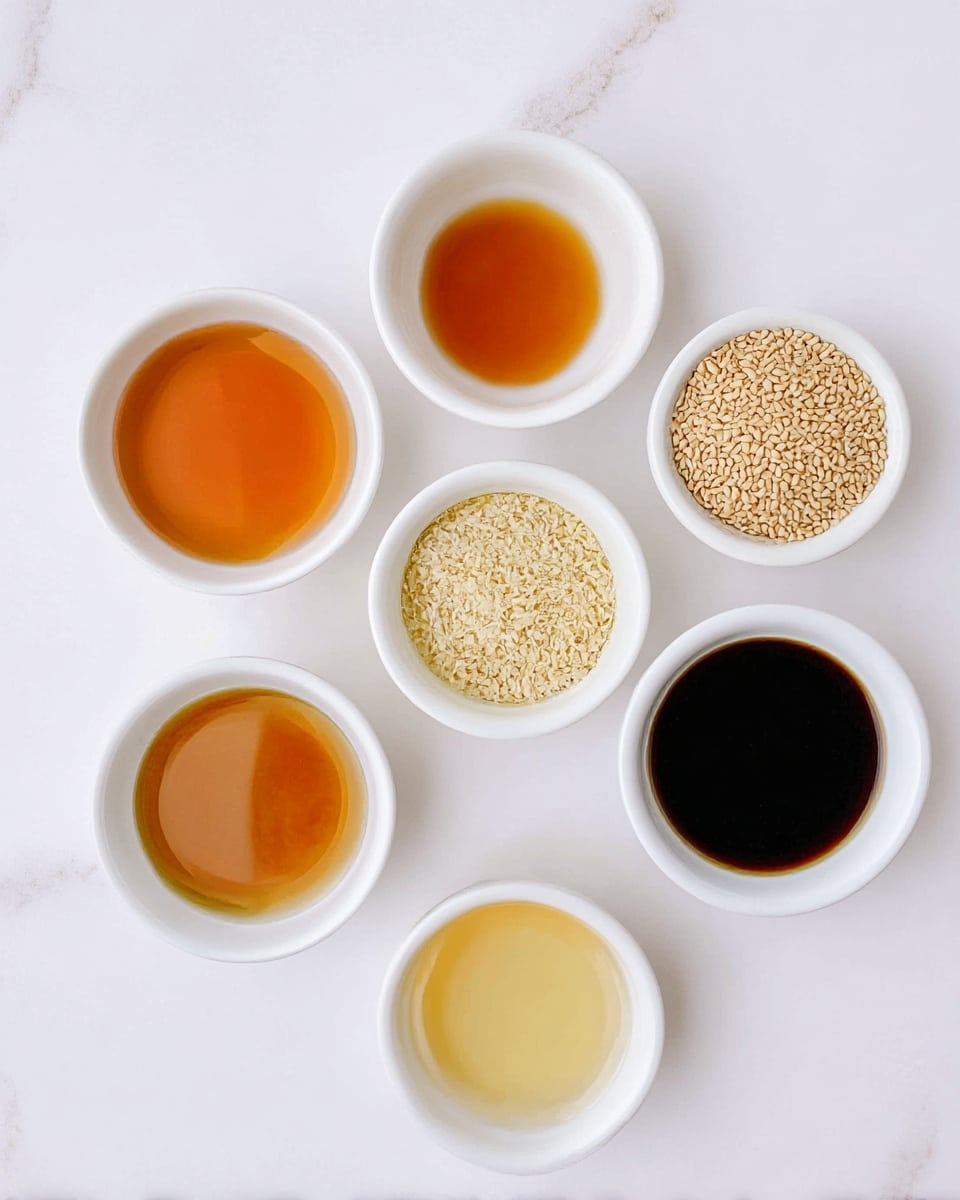The image shows six small white bowls arranged on a white marbled surface. Starting from the top right, there is a small bowl filled with light brown sesame seeds. To its left, a bowl contains a medium amber-colored liquid. Below that is a bowl with a light yellow clear liquid. To the left of the light yellow liquid, there is a bowl holding finely shredded light yellow and beige pieces. Below, in the center at the bottom, is a bowl filled with a dark brown thick liquid. To the left of the dark brown liquid, a bowl holds a light amber liquid that is slightly thicker. All bowls are evenly spaced, seen from a top-down view, with clear visibility of the different textures and colors of each ingredient. Photo taken with an iphone --ar 4:5 --v 7