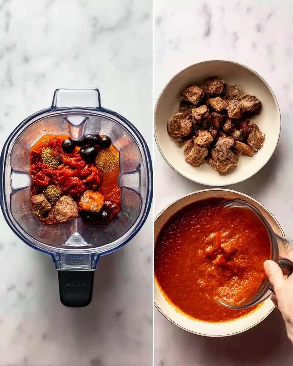 The image shows two scenes side by side. On the left, a blender container with red sauce ingredients layered: chunks of red chili, black olives, spices, and liquid at the bottom, sitting on a white marbled surface. Below it, a white pan holding browned chunks of cooked meat. On the right, the blended red sauce with a smooth texture inside the same blender container, and below, the white pan where the red sauce is being poured over the browned meat pieces by a woman's hand holding the blender pitch. Photo taken with an iphone --ar 4:5 --v 7