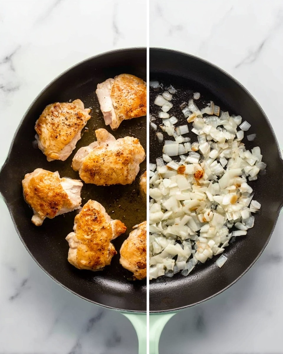 The image shows two side-by-side views of a light green skillet on a white marbled surface. On the left, the skillet holds four golden brown cooked chicken pieces with a slightly crispy texture, some pepper visible on their surfaces. On the right, the skillet contains finely chopped white onions cooking, with some parts beginning to brown around the edges, spread out evenly across the skillet’s black interior. Photo taken with an iphone --ar 4:5 --v 7