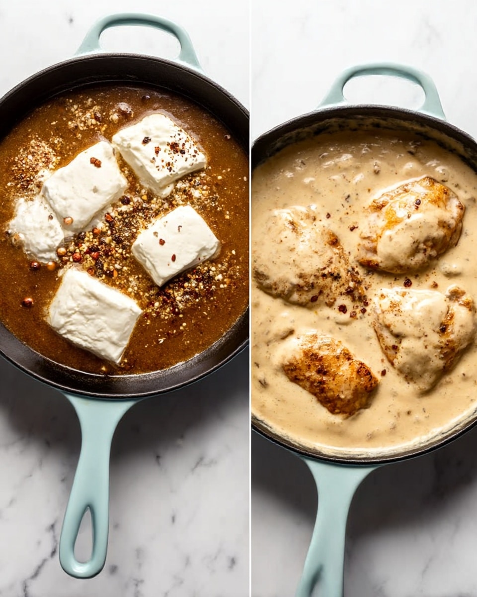 The image shows two black cast iron pans with light blue handles placed on a white marbled surface. The left pan contains a dark brown liquid with small bits, topped with five large, uneven white cream pieces and sprinkled with some black and red spices. The right pan has four lightly browned pieces of chicken submerged in a thick, creamy light beige sauce that covers the bottom and partly the sides of the pan. Both pans show visible simmering textures in the liquids. Photo taken with an iphone --ar 4:5 --v 7