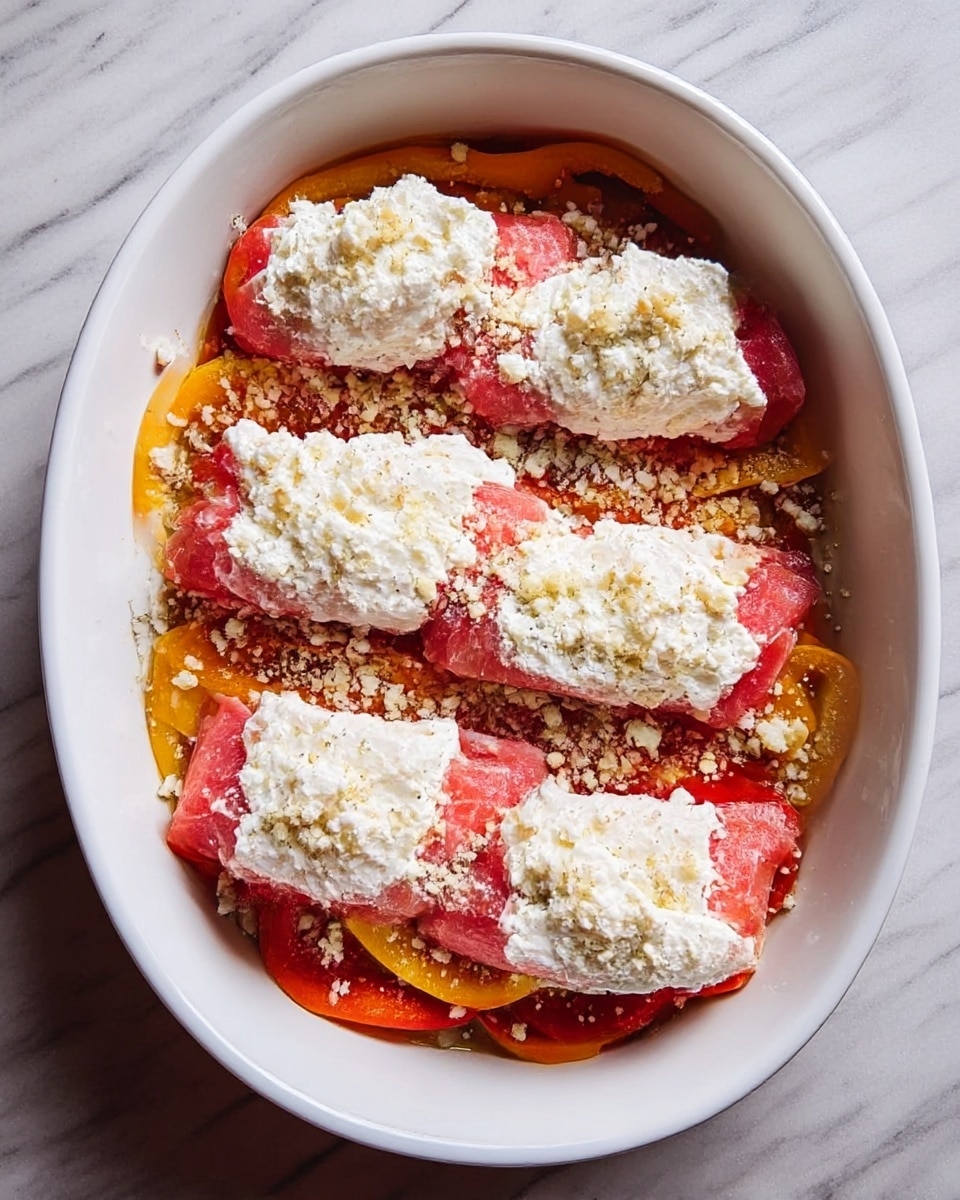 A white oval dish holds a layered casserole starting with a base of thinly sliced yellow and red bell peppers spread evenly across the bottom. On top, there are five pieces of raw pink meat placed lengthwise in a row. Each piece of meat is topped with a thick, uneven layer of white cheese. Small bits of chopped garlic or onion are sprinkled over the dish, laying on a white marbled surface. Photo taken with an iphone --ar 4:5 --v 7
