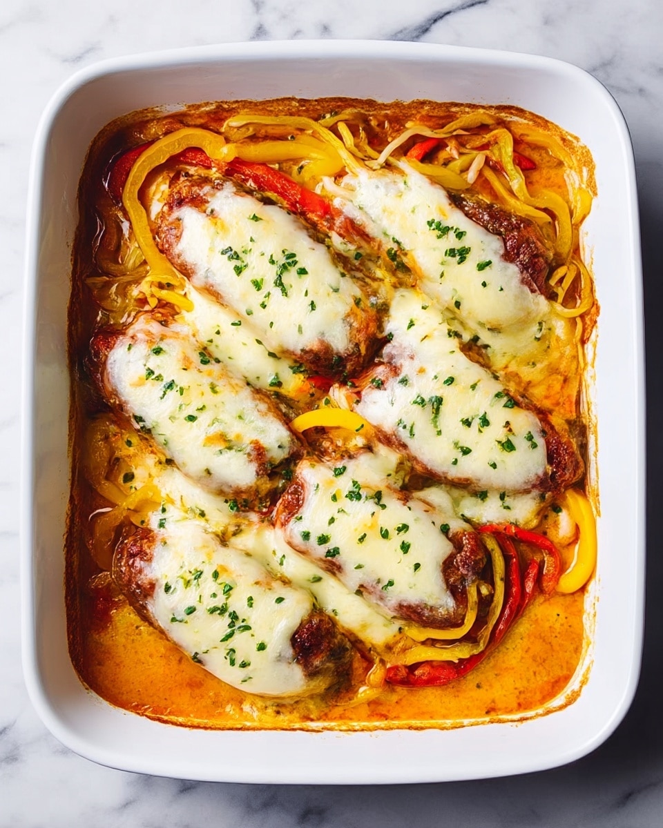 A white rectangular baking dish holds five pieces of cooked meat laid in a row, each topped with a layer of melted, slightly browned cheese with a creamy texture. Underneath and around the meat, there is a colorful bed of thinly sliced yellow and red bell peppers mixed with a light orange sauce. The dish is garnished with small green herb pieces sprinkled evenly over the cheese and peppers. The baking dish is placed on a white marbled surface. photo taken with an iphone --ar 4:5 --v 7
