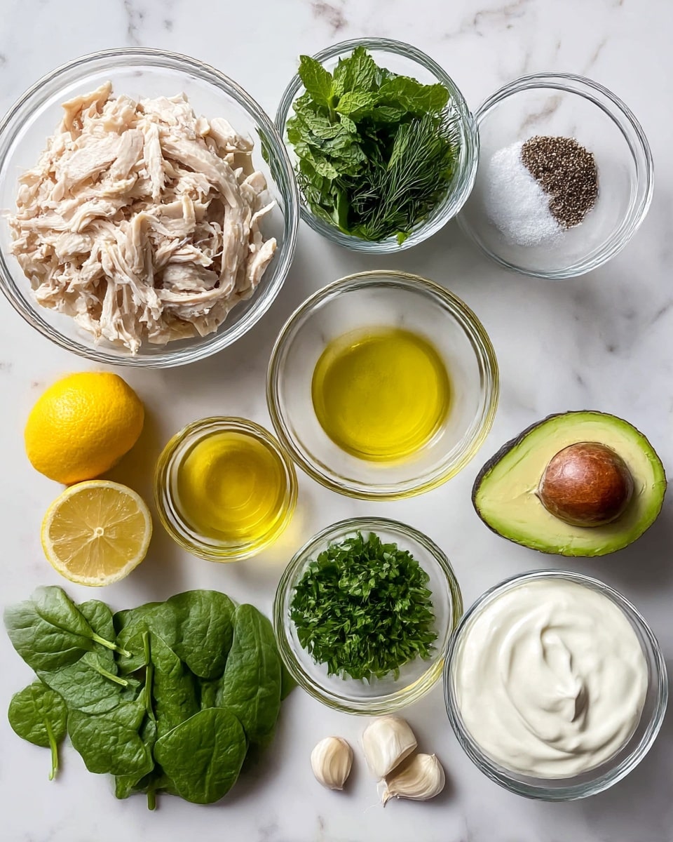 The image shows nine ingredients laid out on a white marbled surface: a large clear bowl filled with shredded light beige chicken pieces in the top left, a medium clear bowl with mixed green herbs including mint and dill in the top center, and a tiny clear bowl with coarse salt and black pepper beside a halved avocado with a bright green inside and dark brown seed in the top right. Below the herbs is a small clear bowl of golden olive oil, and below the olive oil is a medium clear bowl of fresh, bright green parsley. Near the bottom center is a medium clear bowl filled with smooth, thick white yogurt. To the left of the yogurt are two bright yellow lemons, a handful of fresh spinach leaves with a dark green color, and two peeled garlic cloves in the bottom left corner. Photo taken with an iphone --ar 4:5 --v 7