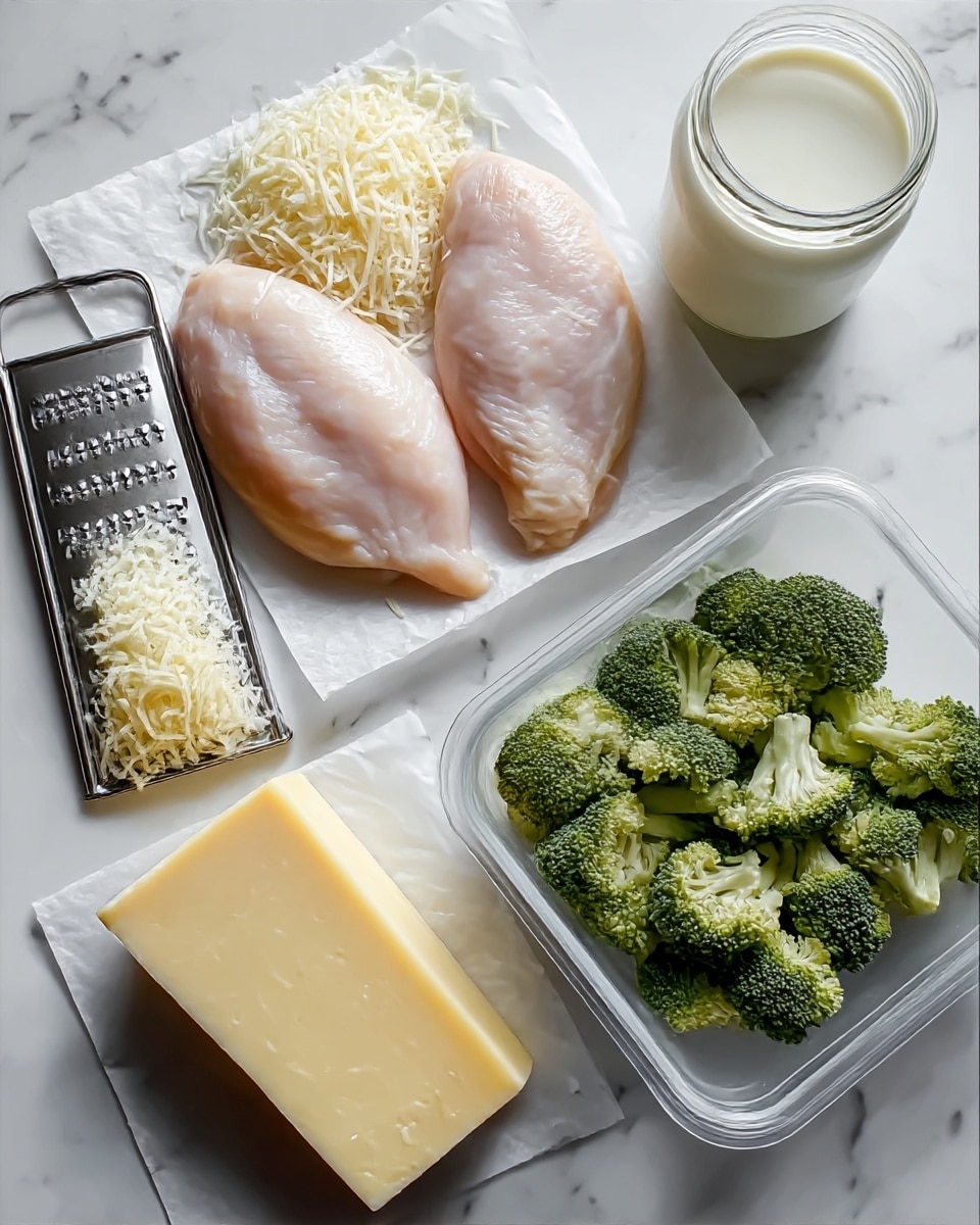 The image shows three raw chicken pieces placed on white paper on a white marbled surface. Next to them on the left is a small metal grater with a pile of shredded white cheese on top. Below the cheese is a block of light yellow hard cheese resting directly on the white marbled surface. On the right side of the chicken is a clear plastic container filled with many green broccoli florets. In the top right corner, there is an open jar of white creamy sauce or milk. All items are arranged neatly on the white marbled background. photo taken with an iphone --ar 4:5 --v 7