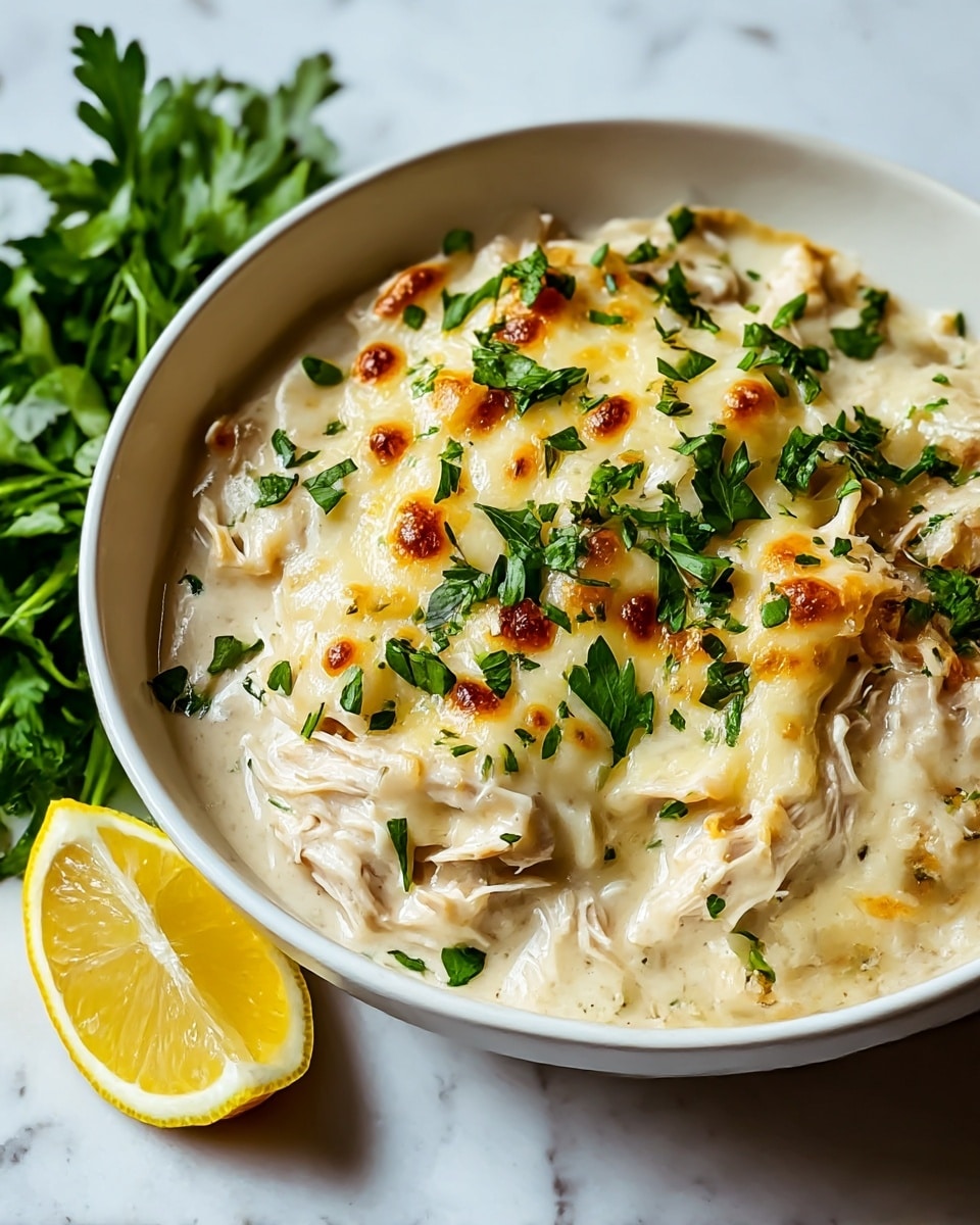 A white bowl filled with a creamy dish made of shredded white meat mixed in rich white sauce, topped with golden melted cheese that has small browned spots, sprinkled with fresh chopped green herbs. On the side of the bowl, there is a small bunch of bright green leafy herbs and a wedge of yellow lemon. The bowl is placed on a white marbled surface. photo taken with an iphone --ar 4:5 --v 7
