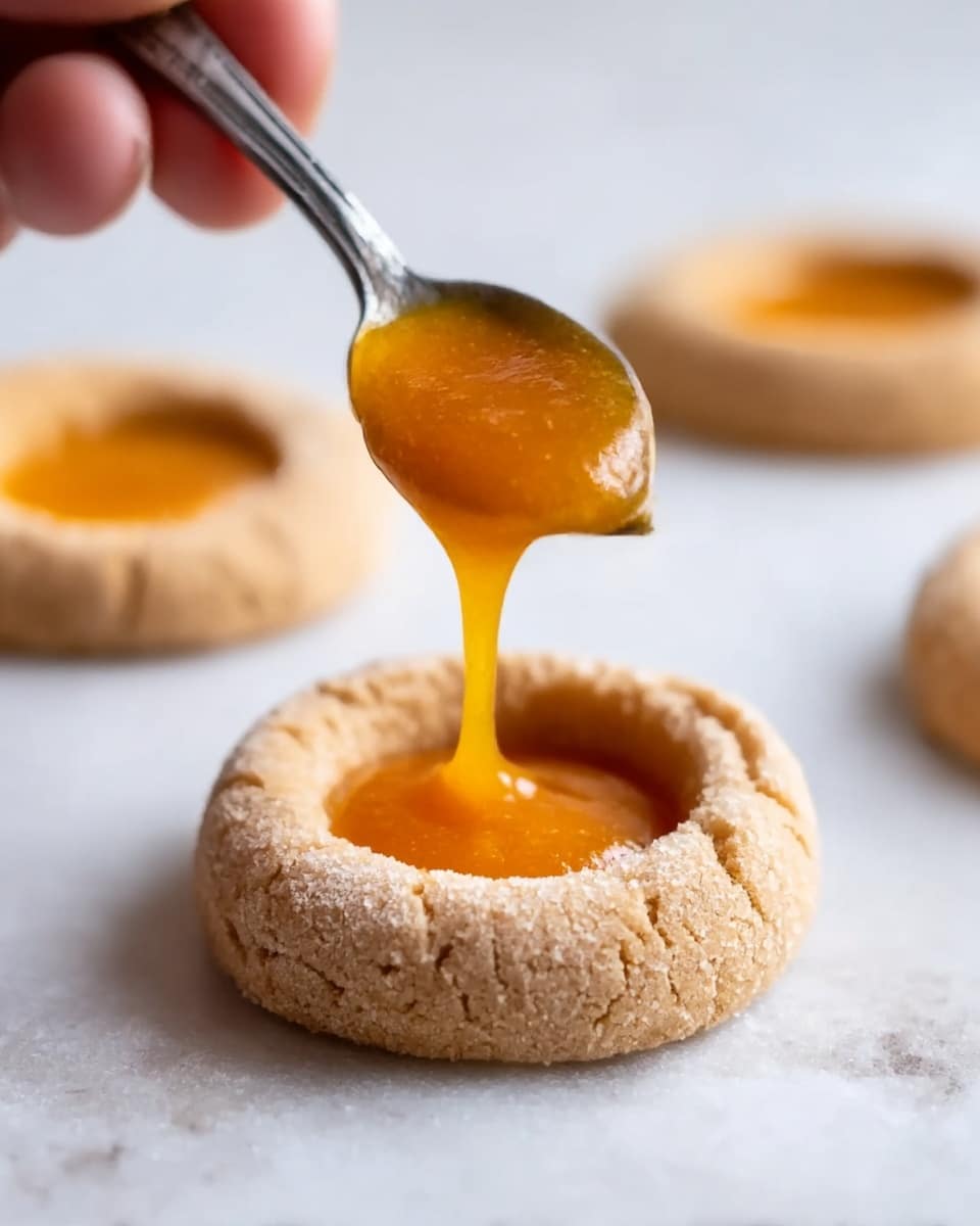 A close-up view of a small round cookie with a light beige sandy texture and a hollow center being filled with bright orange jam from a spoon above it. The jam looks smooth and shiny, dripping slowly into the hollow part. In the background, there is another similar cookie slightly out of focus, placed on a white marbled surface. A woman's hand gently holds the spoon as the jam is poured. The lighting is soft and natural, highlighting the textures and colors vividly. photo taken with an iphone --ar 4:5 --v 7