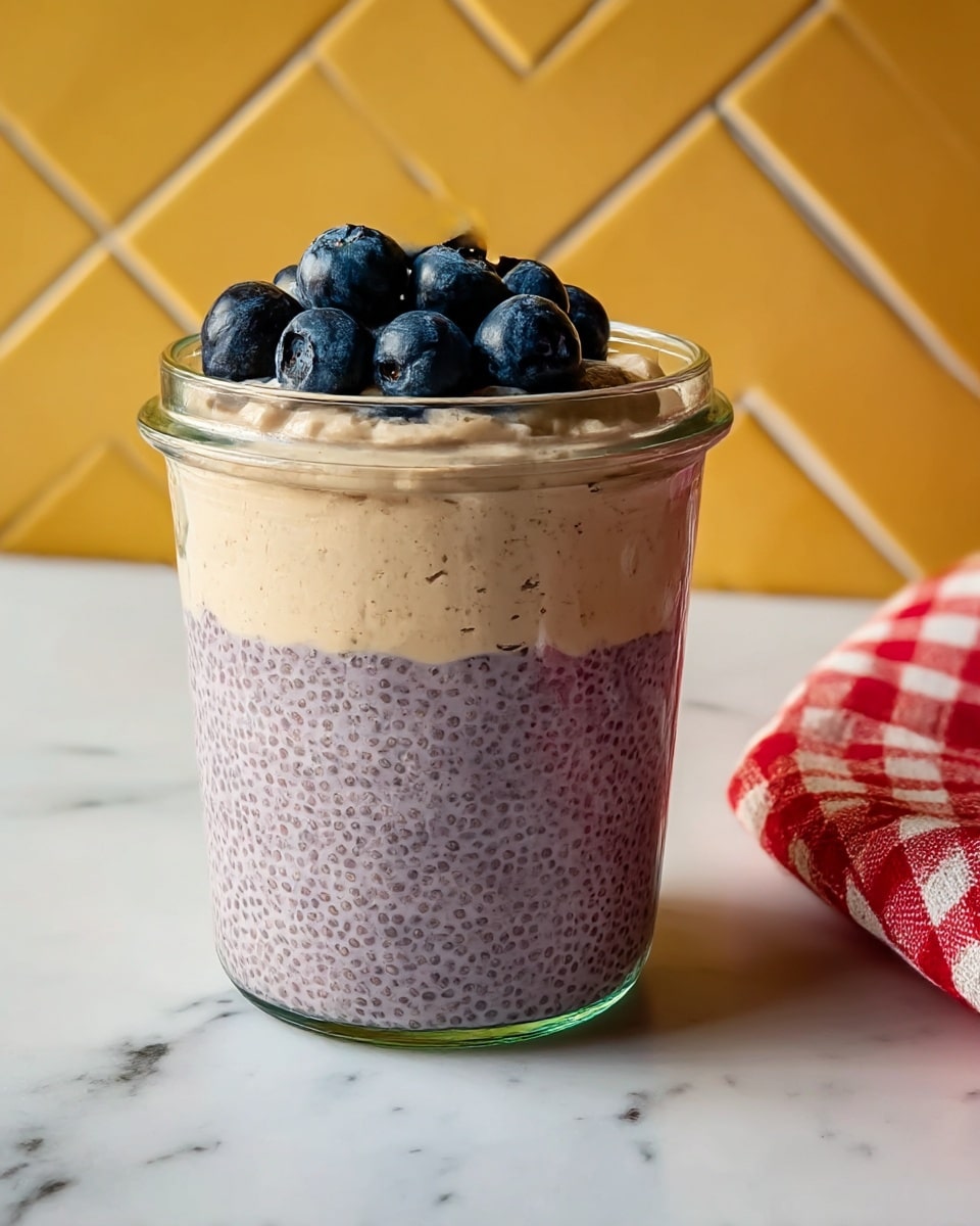 A clear glass jar filled with three visible layers is shown sitting on a white marbled surface. The bottom layer is a light purple chia pudding with a slightly bumpy, grainy texture covering about two-thirds of the jar. Above it is a thick, smooth beige layer of creamy topping that fills the rest of the jar. The top is decorated with a small pile of fresh, plump blueberries, adding deep blue and purple color contrast. Behind the jar is a yellow tiled wall with diagonal patterns. A corner of a red and white checkered cloth is visible at the right side near the base of the jar. photo taken with an iphone --ar 4:5 --v 7
