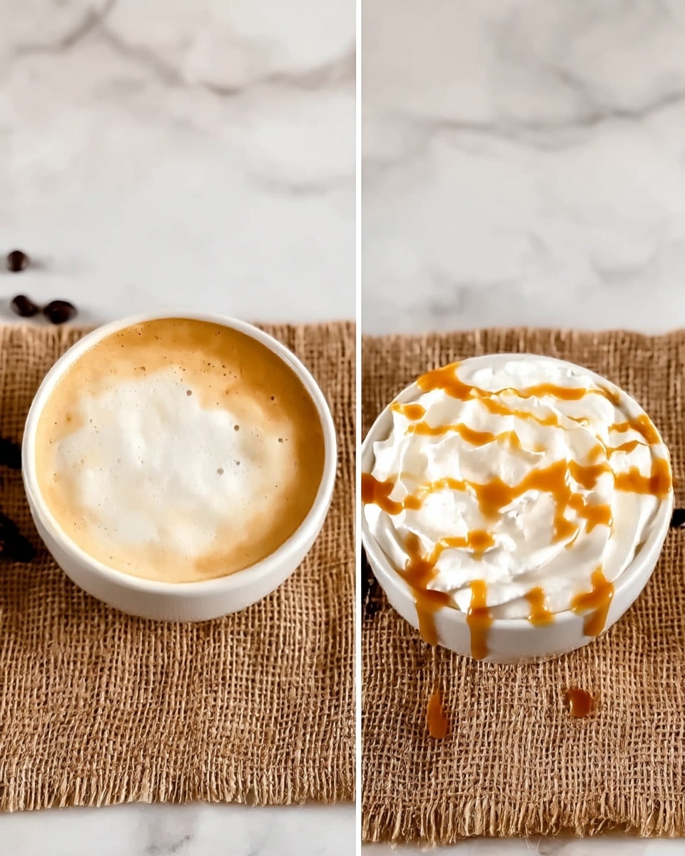 The left image shows a white cup filled with a light brown coffee base topped with a thick layer of smooth white foam, placed on a piece of coarse brown burlap with some scattered coffee beans, all on a white marbled surface. The right image shows the same white cup now topped with a generous layer of white whipped cream drizzled with light brown caramel sauce, also set on the same burlap and white marbled surface. photo taken with an iphone --ar 4:5 --v 7