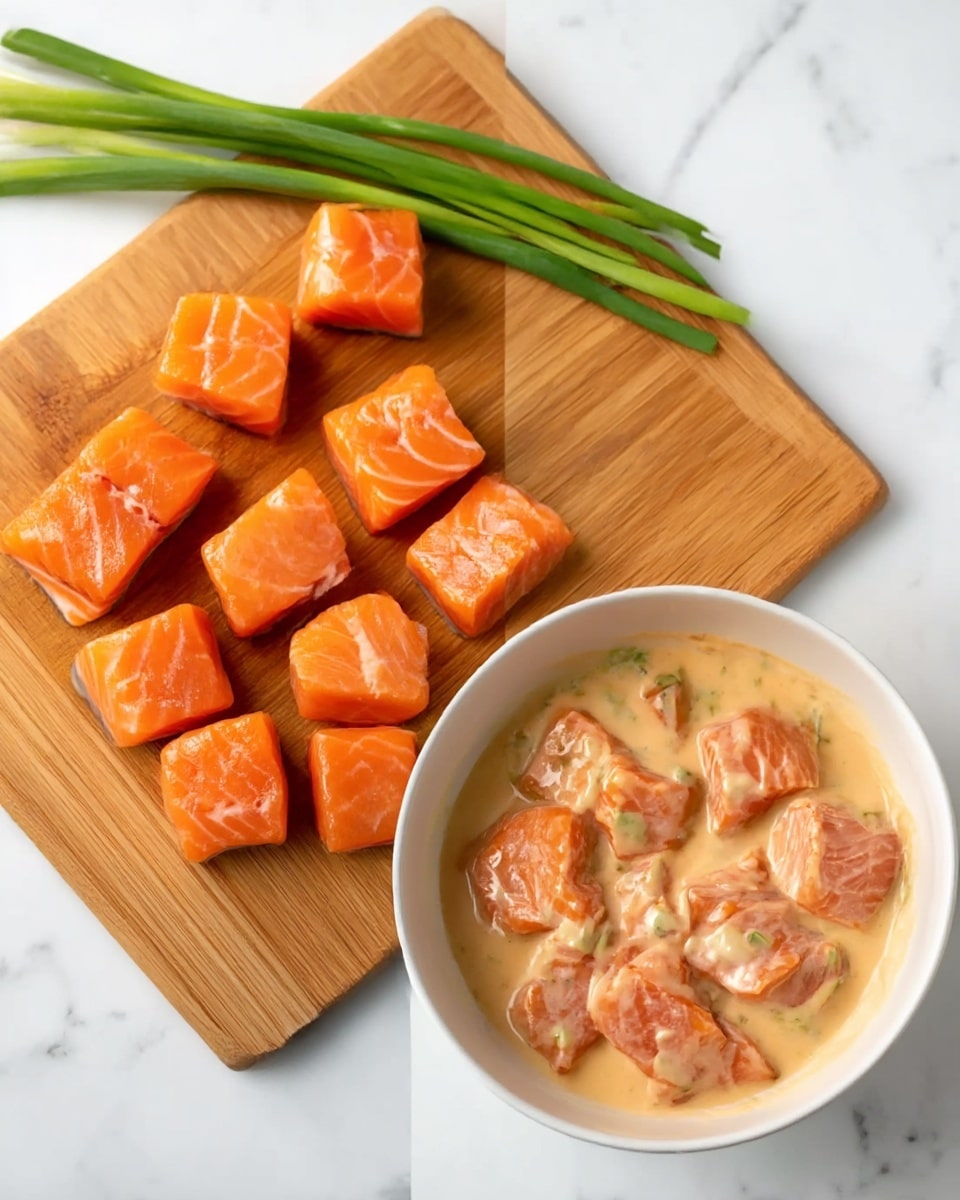 The image shows two side-by-side photos on a white marbled surface. On the left, there is a wooden cutting board with several small, smooth, and shiny orange pieces of fish neatly placed on it, with a bunch of green onions at the top edge. On the right, there is a round white bowl filled with the same orange fish pieces, now covered in a creamy beige sauce, giving the fish a soft and smooth texture with the sauce visible between each piece. photo taken with an iphone --ar 4:5 --v 7
