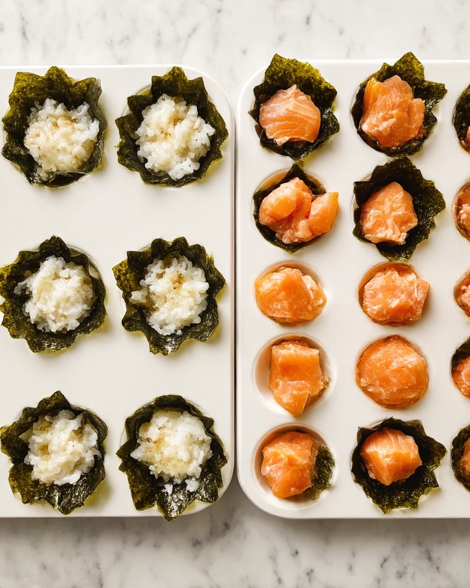The images show two stages of a dish made in a muffin tray. In the first image, each cup of the white muffin tray is lined with dark green seaweed shaped like a small cup, filled with white rice that has a soft, sticky texture and a slightly uneven surface. In the second image, small cube pieces of bright orange salmon with a glossy surface and soft texture are added over the rice inside the seaweed cups. The tray sits on a white marbled surface. photo taken with an iphone --ar 4:5 --v 7