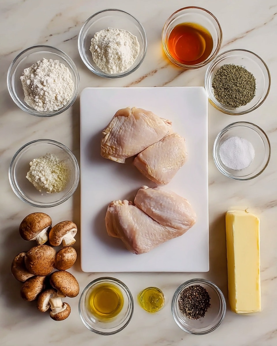 The image shows a white cutting board placed on a white marbled surface with two raw chicken pieces laid flat in the center. Around the board are small clear glass bowls each filled with different ingredients: a bowl of white flour on the top left, a bowl with green dried herbs right above the board, a bowl of amber liquid on the top right, a bowl with white salt on the bottom left, a bowl with clear oil in the center below the board, and a bowl with black pepper on the bottom right. To the left side of the board are several whole brown mushrooms, and on the right side is a whole yellow onion and a stick of butter. All items are organized neatly with clear textures visible. Photo taken with an iphone --ar 4:5 --v 7