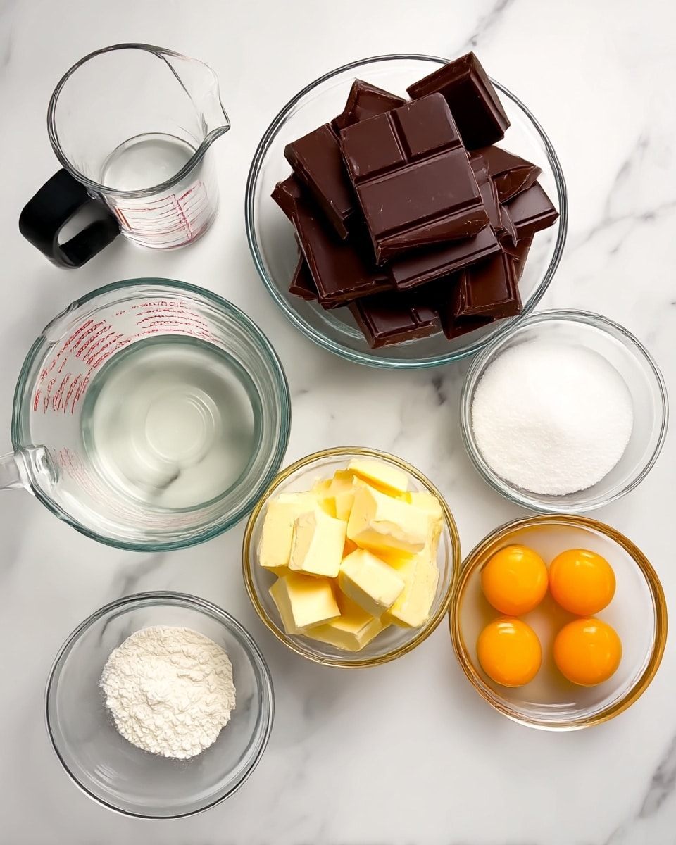 The image shows seven clear glass bowls on a white marbled surface, each with different ingredients arranged neatly. At the top center is a bowl with many large dark brown chocolate squares stacked loosely. To the right is a bowl filled with white sugar, smooth and fine in texture. Below the chocolate, there is a bowl containing pale yellow butter cubes stacked unevenly. To the right of the butter cubes is a bowl holding six whole egg yolks surrounded by clear egg whites, giving a bright yellow and transparent mix. At the bottom left, there is a small bowl with a fine white powder, likely a leavening agent. Finally, at the top left, there is a clear measuring cup with a clear liquid, possibly water, with a black handle. All bowls are well spaced on the smooth white marbled surface. Photo taken with an iphone --ar 4:5 --v 7