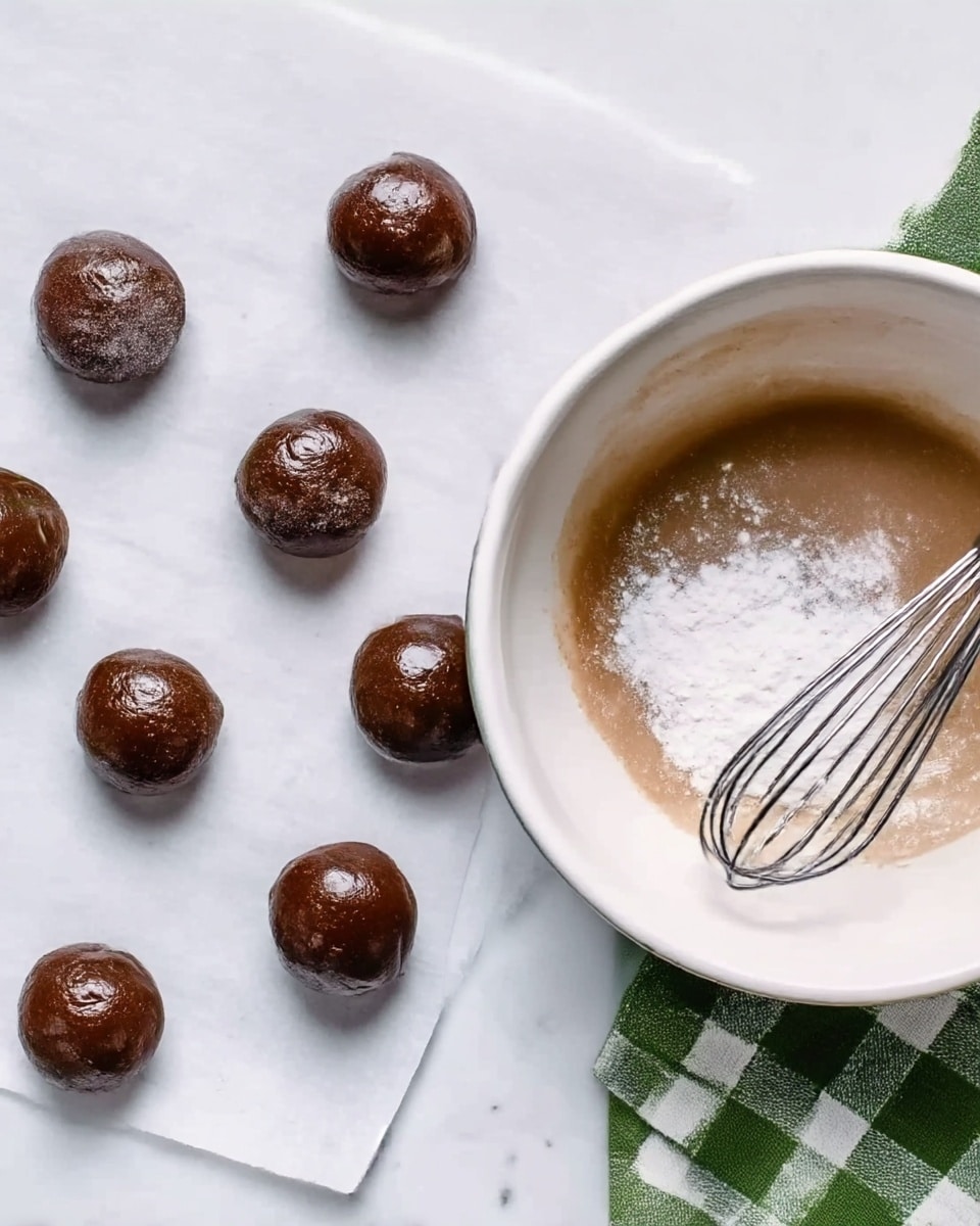 The left side shows six dark brown dough balls arranged evenly on white parchment paper over a white marbled surface. Each ball has a shiny, smooth surface with a slightly rough texture. The right side shows a white bowl filled with light brown liquid mixture, with a silver whisk inside stirring white powder into the mixture. The bowl is placed on a white plate over a green-and-white checked cloth on the same white marbled surface. Photo taken with an iphone --ar 4:5 --v 7