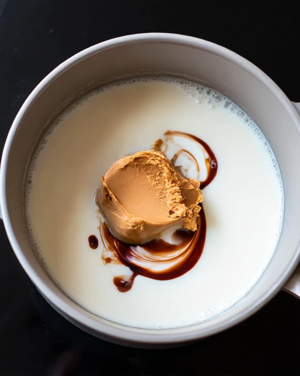 The image shows a light gray pot with a white inside surface, filled mostly with white milk. In the center, there is a scoop of thick, smooth light brown peanut butter resting on the milk, with a small splash of dark brown vanilla or chocolate extract slightly swirling outward from the peanut butter. The pot is placed on a dark, black surface. Photo taken with an iphone --ar 4:5 --v 7