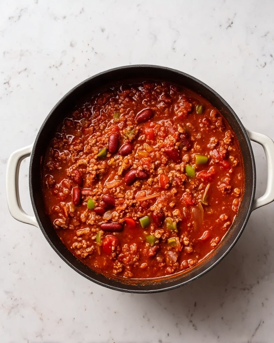 A black pot filled with a thick chili made of red kidney beans, ground meat, small diced green bell peppers, and chunks of red tomatoes in a rich red sauce. The chili has a textured, slightly chunky look with visible pieces of onions and a shiny, moist surface. The pot has white handles on each side and is placed on a white marbled background. photo taken with an iphone --ar 4:5 --v 7