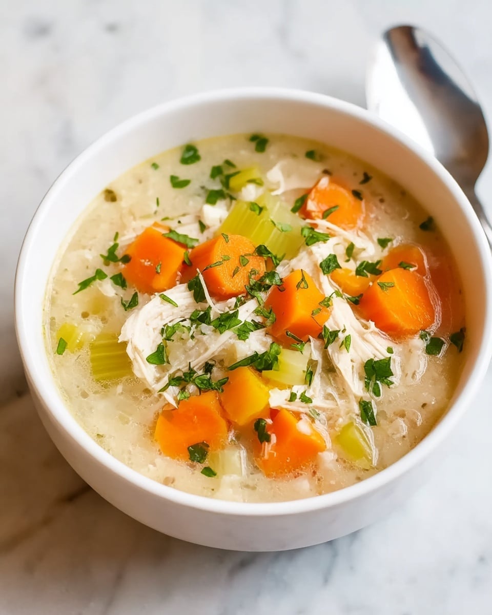 A white bowl filled with thick chicken soup showing three main layers: the bottom layer has a creamy broth with small bits of shredded white chicken; the middle layer contains bright orange chunks of carrots and light green pieces of celery, both appearing soft and cooked; the top layer is sprinkled with finely chopped fresh green herbs for color contrast. The bowl is placed on a white marbled surface with a silver spoon beside it. Photo taken with an iphone --ar 4:5 --v 7