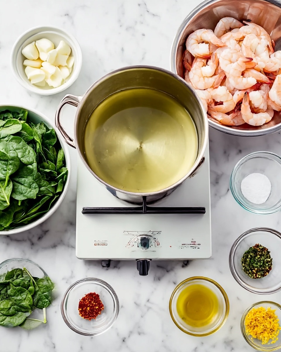The image shows a cooking setup on a white marbled surface with a silver pot filled with clear oil placed on a small stove burner in the center. To the left, there is a white bowl filled with fresh green spinach leaves, and a small clear glass bowl with white garlic slices. To the right of the pot, a large silver bowl holds peeled pink shrimp, and around it are small clear glass bowls containing red pepper flakes, olive oil, chopped green herbs, and yellow lemon zest. The whole setup creates a clean and organized impression of ingredients ready for cooking photo taken with an iphone --ar 4:5 --v 7