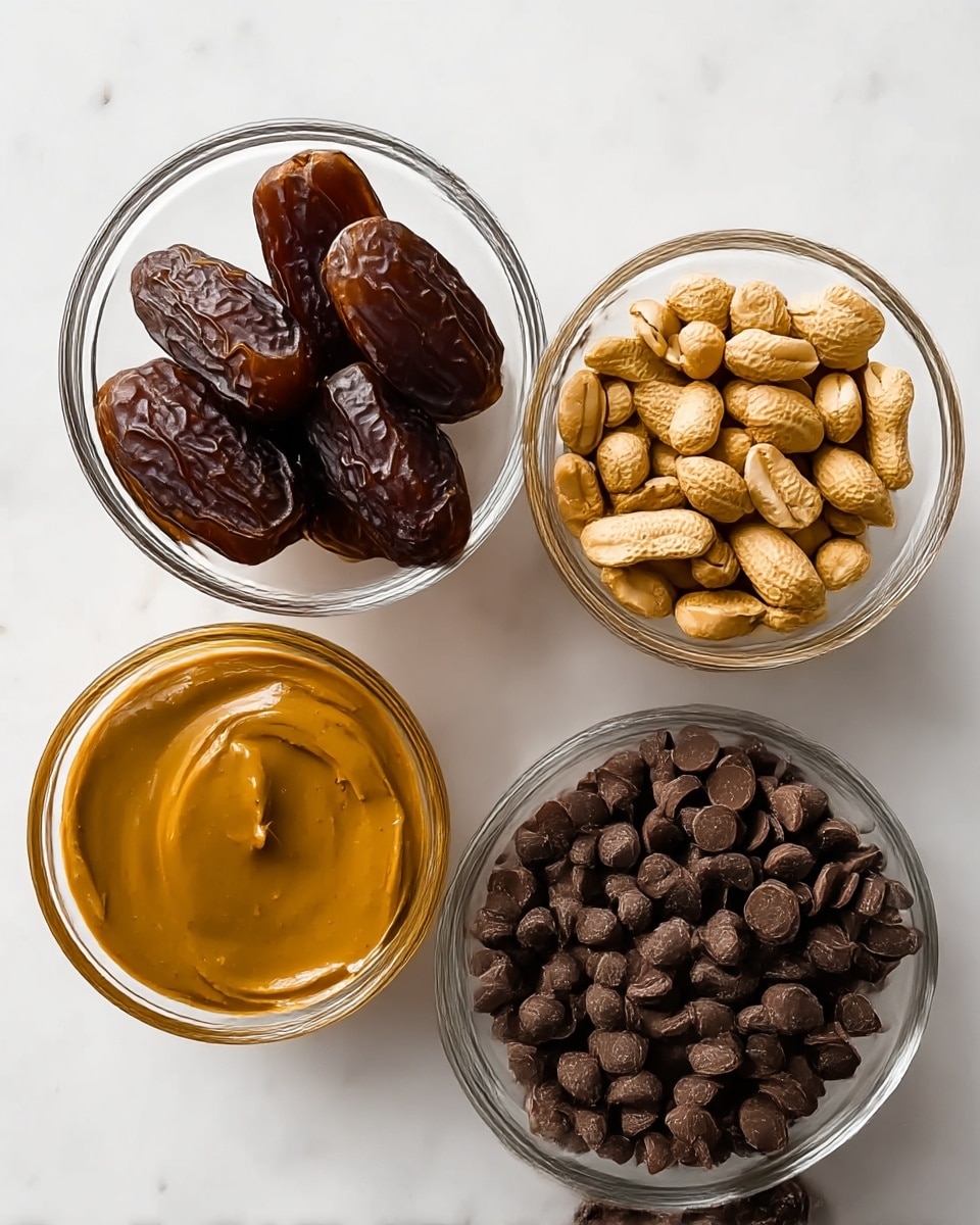 A white marbled surface holds four clear glass bowls arranged in a loose square. The top left bowl has seven large, dark brown wrinkled dates. The top right bowl contains light golden roasted peanuts, roughly the same amount as the dates. Below the dates, a bowl smooth-filled with creamy peanut butter shows a warm golden tan color. Below the peanuts, a bowl is filled with many small, dark brown chocolate chips, with a smooth and shiny texture. The lighting is soft and natural. photo taken with an iphone --ar 4:5 --v 7