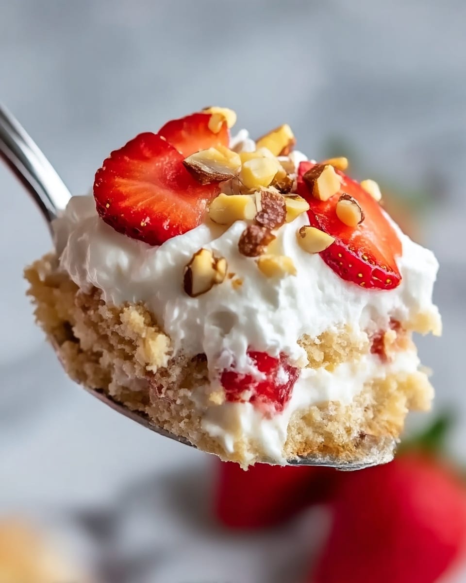 A close-up of a spoon full of dessert showing three distinct layers: the bottom is a light brown crumbly cake layer, the middle is thick white cream with small pieces of strawberries inside, and the top is fluffy white whipped cream decorated with chopped light brown nuts and bright red strawberry slices. The background shows a blurred red strawberry and a white marbled surface. Photo taken with an iphone --ar 4:5 --v 7