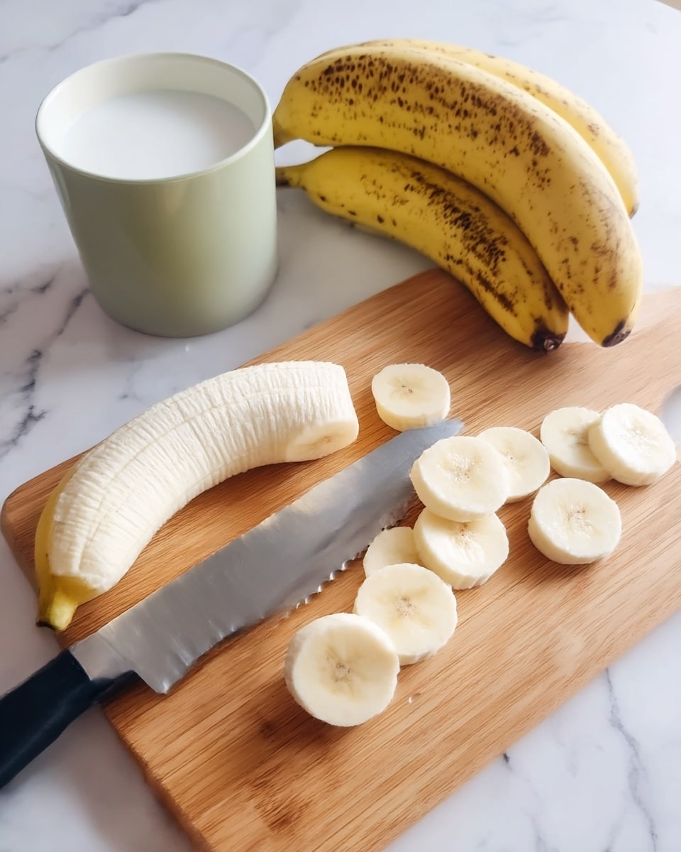 The image shows a wooden cutting board placed on a white marbled surface. On the board, there is one peeled banana, partly sliced into round pieces arranged in a short row with some slices scattered nearby. Next to the banana slices is a serrated knife with a black handle resting on the board. In the background, two unpeeled bananas with brown spots lean on the table, and beside them is a white cup with a green exterior filled with white liquid. The scene is bright with natural light, giving the bananas and wood a soft texture. photo taken with an iphone --ar 4:5 --v 7