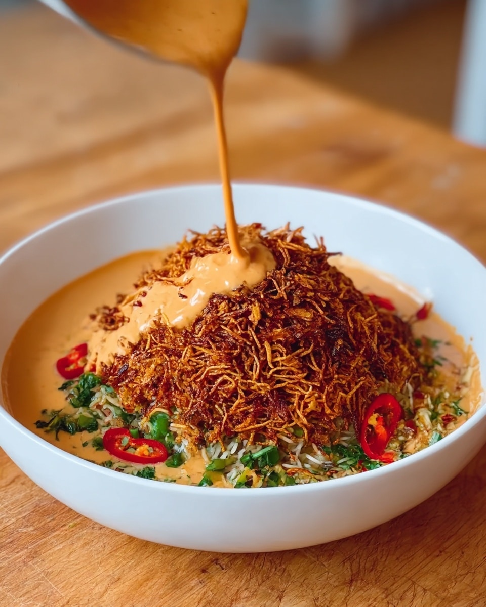 A white bowl filled with a dish showing several layers: at the bottom, visible green herbs and some red sliced chili peppers, on top a thick creamy orange sauce is being poured, covering the middle, and the top layer is a generous mound of golden and dark brown crispy rice or fried noodles, textured and crunchy. The bowl sits on a wooden surface, and the background is softly blurred. photo taken with an iphone --ar 4:5 --v 7