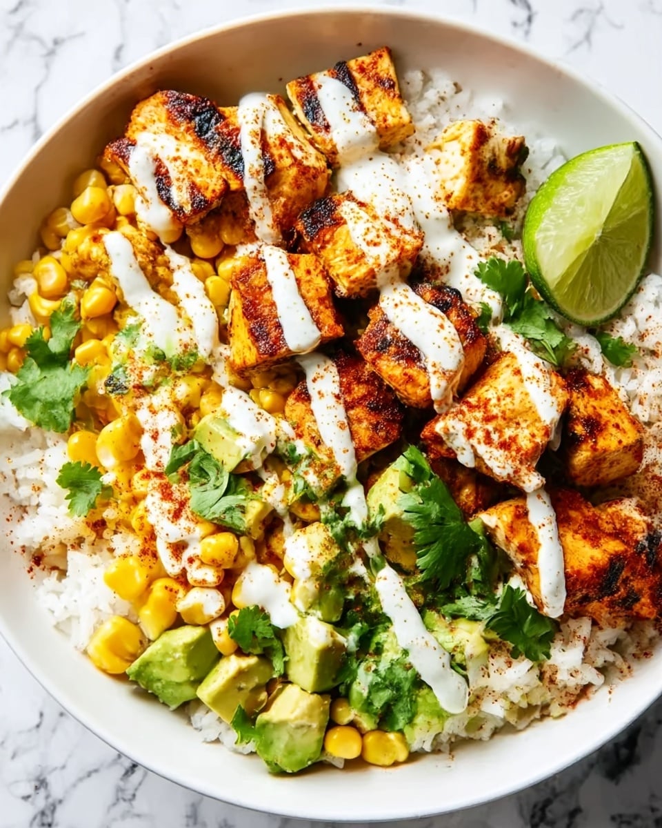 A white bowl filled with a base layer of white rice, topped with bright yellow corn kernels scattered across the surface. On top of the corn, there are golden-brown grilled chicken pieces with charred marks, arranged in a somewhat even layer. Fresh green cilantro leaves are sprinkled all over the dish, with small chunks of creamy green avocado placed near the side. A light drizzle of white sauce covers the chicken and some parts of the corn, sprinkled with a reddish spice. A wedge of lime with a bright green peel and juicy pulp rests on the edge of the bowl. The bowl is placed on a white marbled surface. Photo taken with an iphone --ar 4:5 --v 7