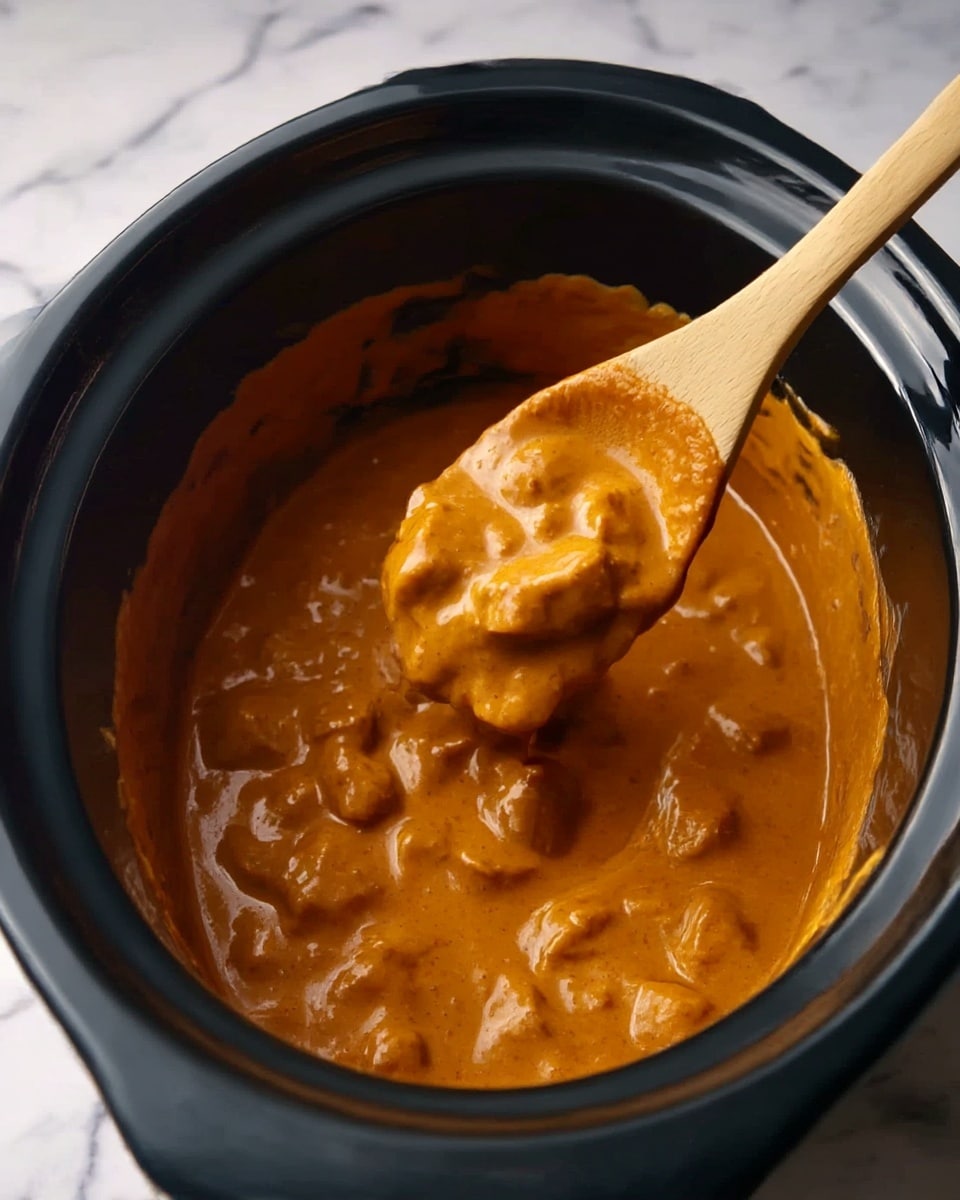 A black slow cooker filled with thick, creamy orange-brown sauce mixed with small, chunky pieces of meat. A wooden spoon lifts a portion of the sauce and meat, showing the smooth texture and slightly shiny surface of the sauce. The inside edge of the cooker has some sauce streaks. The background is a white marbled texture. photo taken with an iphone --ar 4:5 --v 7