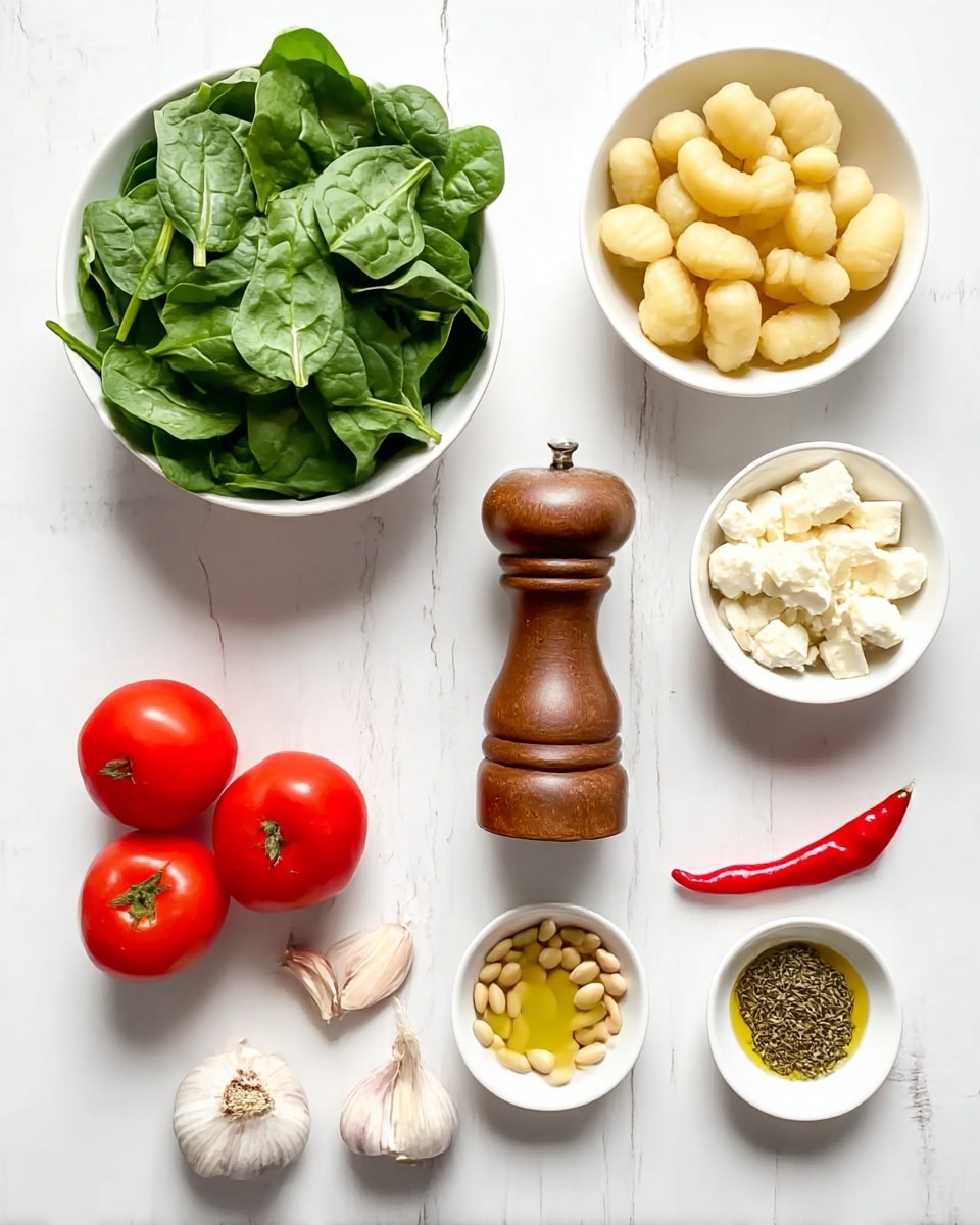 The image shows ingredients arranged neatly on a white marbled surface in a grid style. At the top left is a white bowl filled with fresh green spinach leaves with a soft texture and some folded edges. To the top right is another white bowl holding pale yellow gnocchi, each piece smooth and round. Below the spinach, to the left, is a small white bowl filled with white, crumbly cheese cubes. In the middle is a wooden pepper grinder with a rich brown color and smooth finish. Next to it on the right is a small white bowl filled with pale beige pine nuts. At the bottom left are two bright red tomatoes with smooth skins and green stems. Between the tomatoes and pine nuts are three garlic cloves that are light purple with a slightly rough texture. To the far right is a single red chili pepper, shiny and curved with a smooth surface. On the bottom row are three small white dishes, the left one contains a pale yellow creamy butter, the middle one holds olive oil that is clear and golden yellow, and the right one has dried green fennel seeds. Photo taken with an iphone --ar 4:5 --v 7