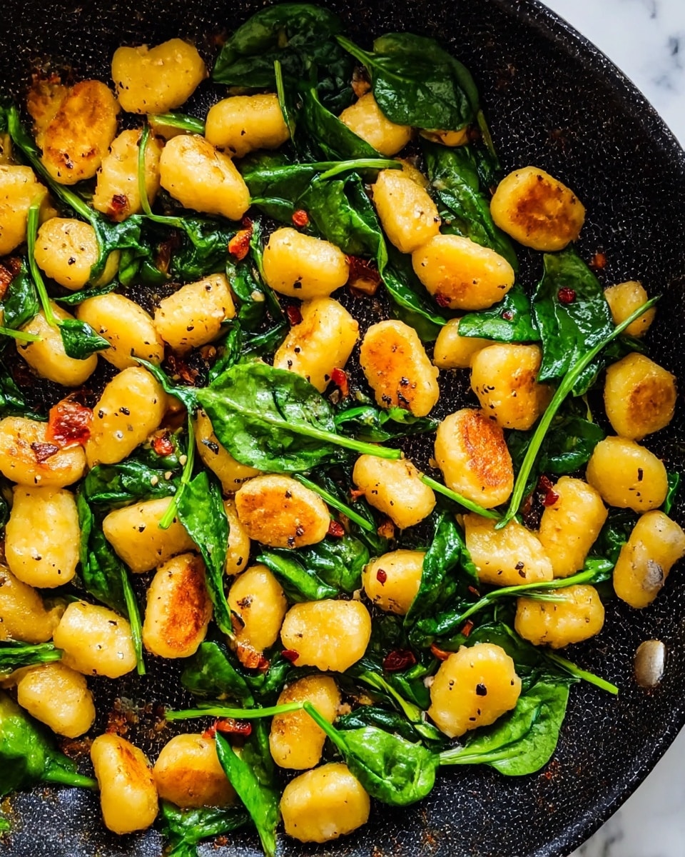 A close-up view of a black frying pan filled with golden-yellow gnocchi pieces that have light brown crisp edges. Scattered among the gnocchi are fresh green spinach leaves, some slightly wilted, along with tiny bits of red tomato and darker seasoning specks. The colors are rich and vibrant, with the soft gnocchi contrasting against the bright green spinach, all resting on the black textured surface of the pan. The background is a white marbled texture photo taken with an iphone --ar 4:5 --v 7