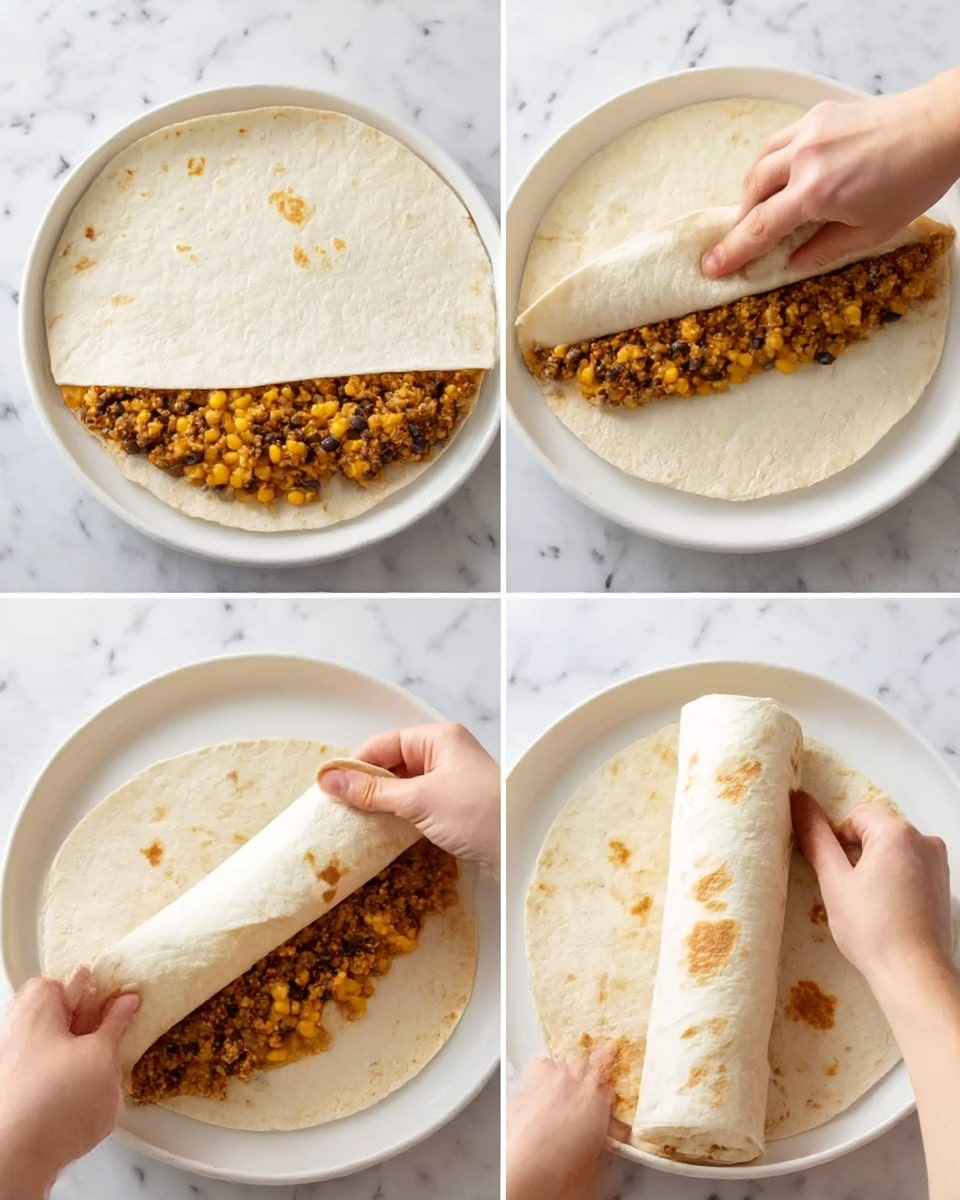 The image shows four steps of making a burrito on a white plate with a white marbled surface in the background. In the first step, a large flour tortilla lays flat, topped with a layer of cooked ground meat mixed with yellow beans spread in the middle. In the second step, a woman’s hand folds the left and right sides of the tortilla inward, covering the filling. In the third step, another woman’s hand carefully folds the bottom edge of the tortilla up toward the center, starting to wrap the filling. In the final step, both woman’s hands finish rolling the burrito tightly with the filling fully enclosed inside the tortilla. The tortilla looks soft with some brown spots from cooking. photo taken with an iphone --ar 4:5 --v 7