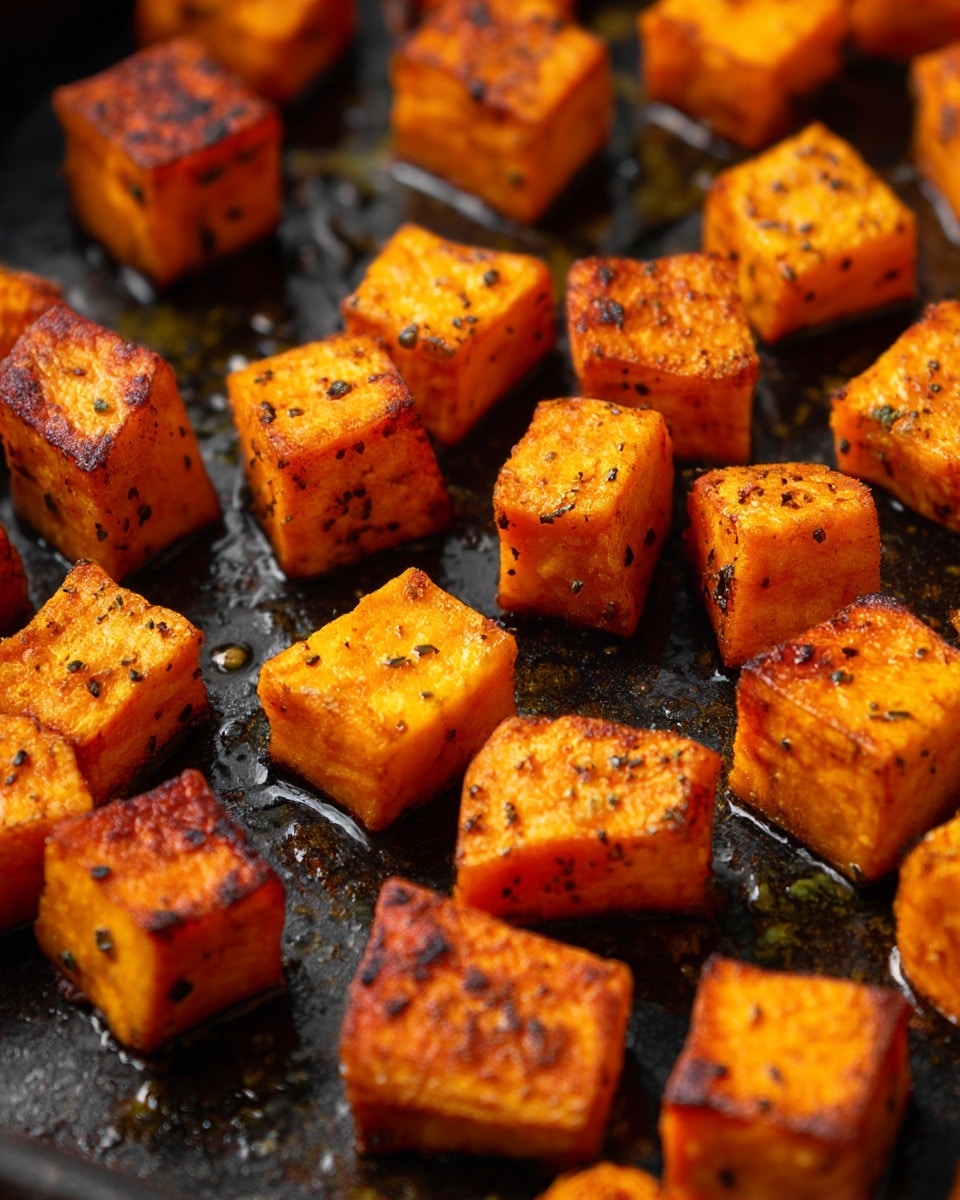 This image shows many small cube pieces of cooked sweet potatoes with a bright orange color and dark specks of seasoning on their surfaces. Each cube has a slightly burnt and crispy outer layer, with visible blackened edges and spots. The sweet potato cubes are spread evenly on a dark pan, which has some shiny oil residue and char marks, adding texture to the background. The cubes vary slightly in shape and size but are mostly square or rectangular. The lighting highlights the warm hues and crispy texture. photo taken with an iphone --ar 4:5 --v 7