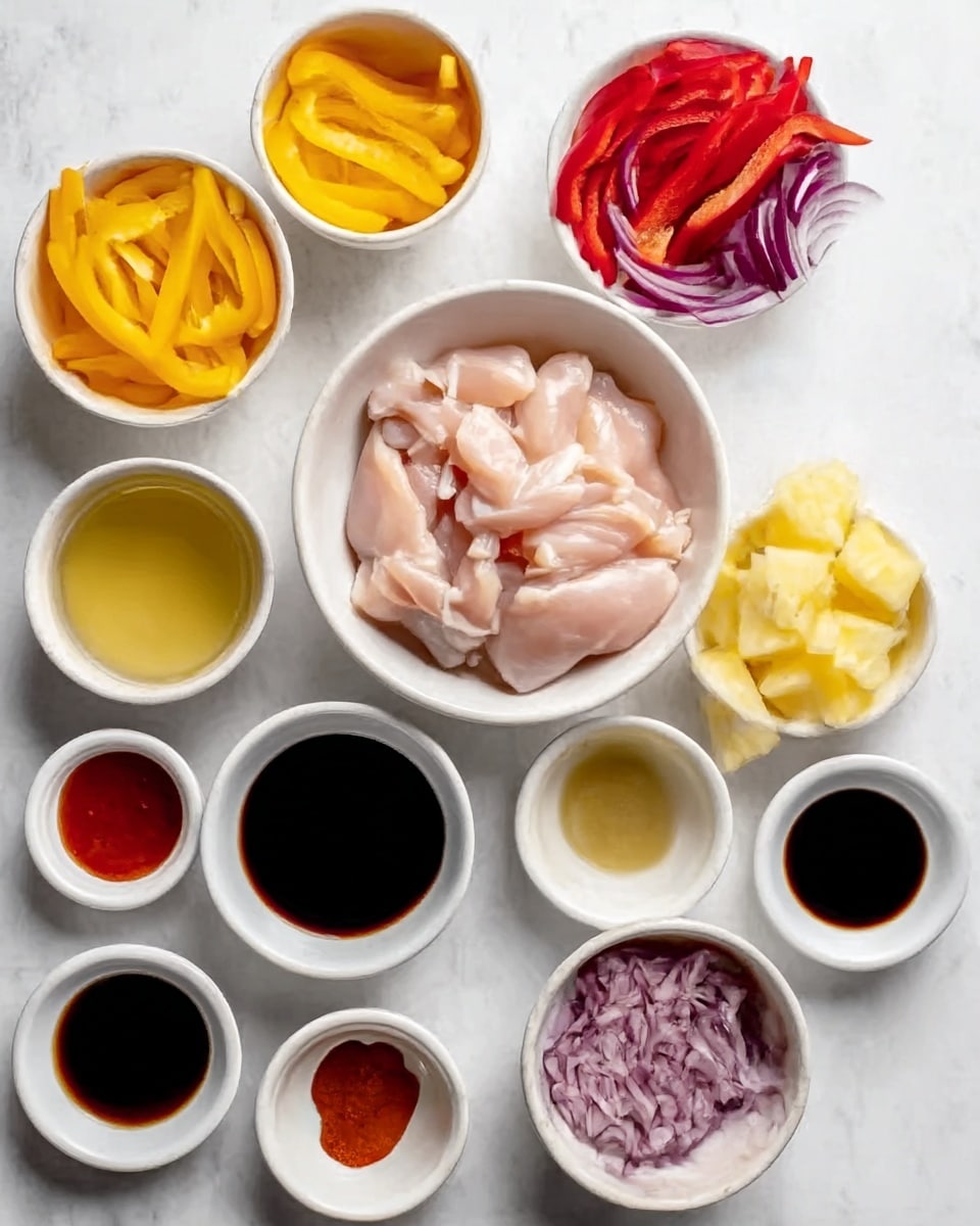 The image shows a white marbled surface with several small white bowls arranged neatly. In the center, a white bowl holds slices of raw chicken. Around it, bowls contain brightly colored ingredients: yellow pepper strips in one, red pepper strips in another, sliced purple onions in a third, and chunks of pineapple in a fourth bowl. Smaller white bowls hold various liquids including dark soy sauce, light oil, and a reddish sauce, along with small amounts of spices and pastes. The overall look is clean and organized, with each ingredient clearly visible and vibrant photo taken with an iphone --ar 4:5 --v 7