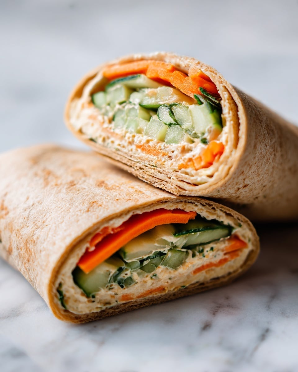A close-up view of a wrap cut in half, showing three main layers inside the light brown whole wheat flatbread. The bottom layer is a creamy, light beige filling that looks soft and thick. Above it is a layer of small, pale green cucumber pieces. The top layer consists of thin, bright orange carrot sticks, adding a fresh crunch. The wrap halves rest on a white marbled surface, with a soft and natural light highlighting their fresh ingredients. photo taken with an iphone --ar 4:5 --v 7